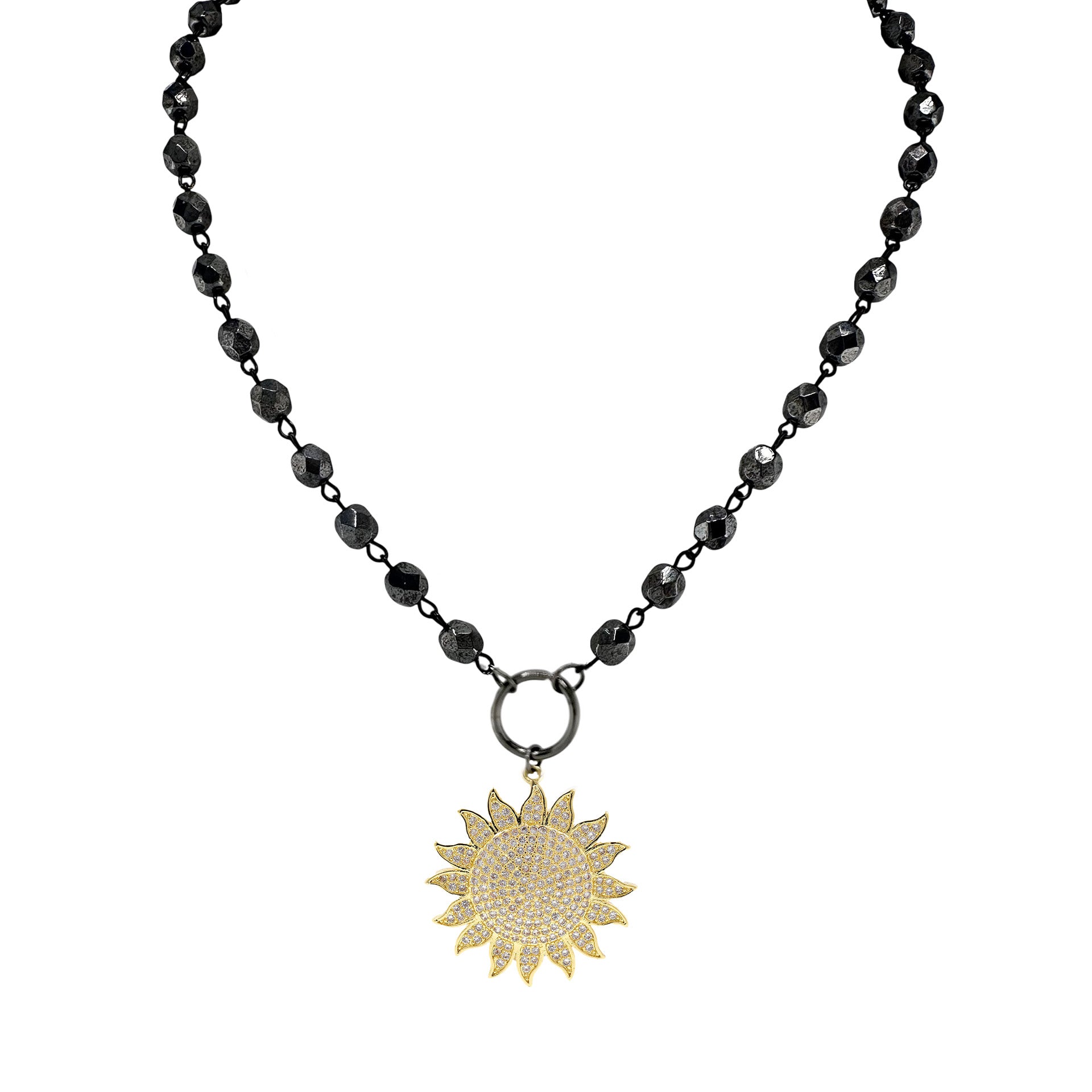  Gold sun celestial necklace with black beads