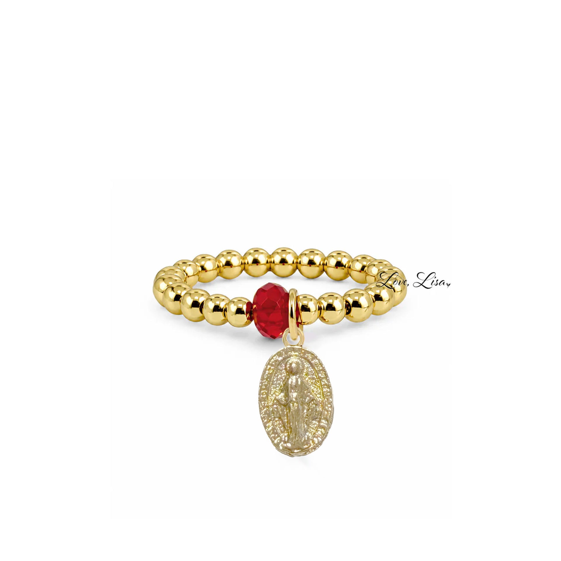 Grace Miraculous Medal Stretch Ring in gold with polished 3mm beads red crystal accent and medal charm