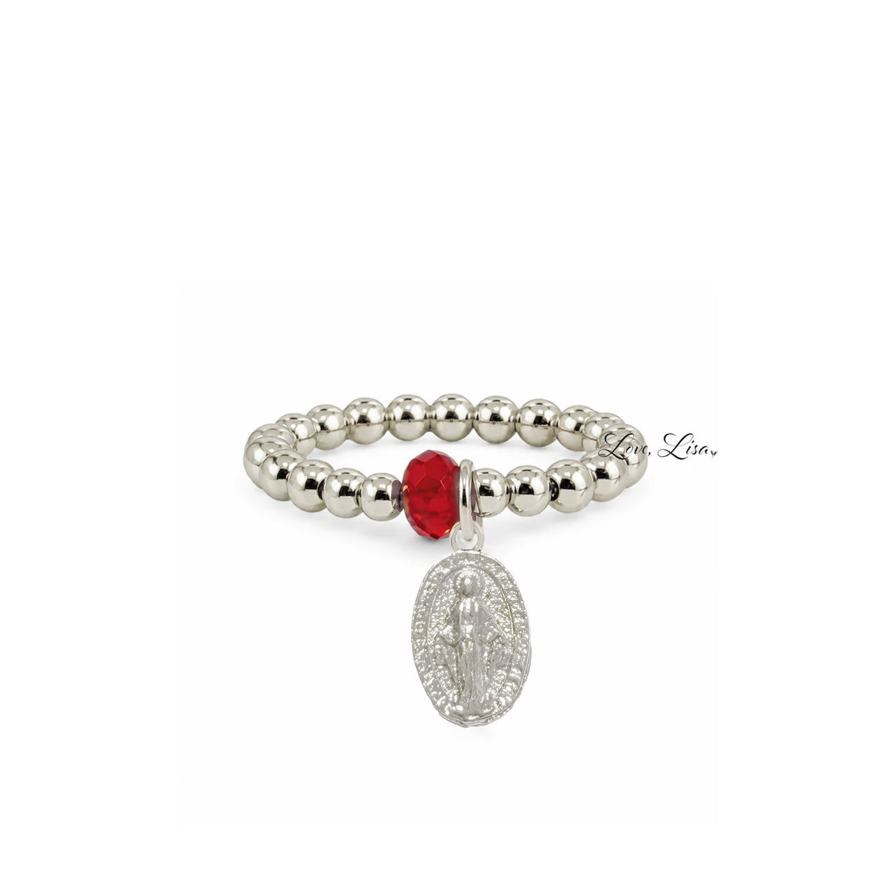 Love Lisa Grace Miraculous Medal Stretch Ring in silver with polished 3mm beads red crystal accent and medal charm