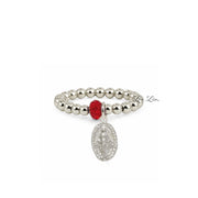 Love Lisa Grace Miraculous Medal Stretch Ring in silver with polished 3mm beads red crystal accent and medal charm
