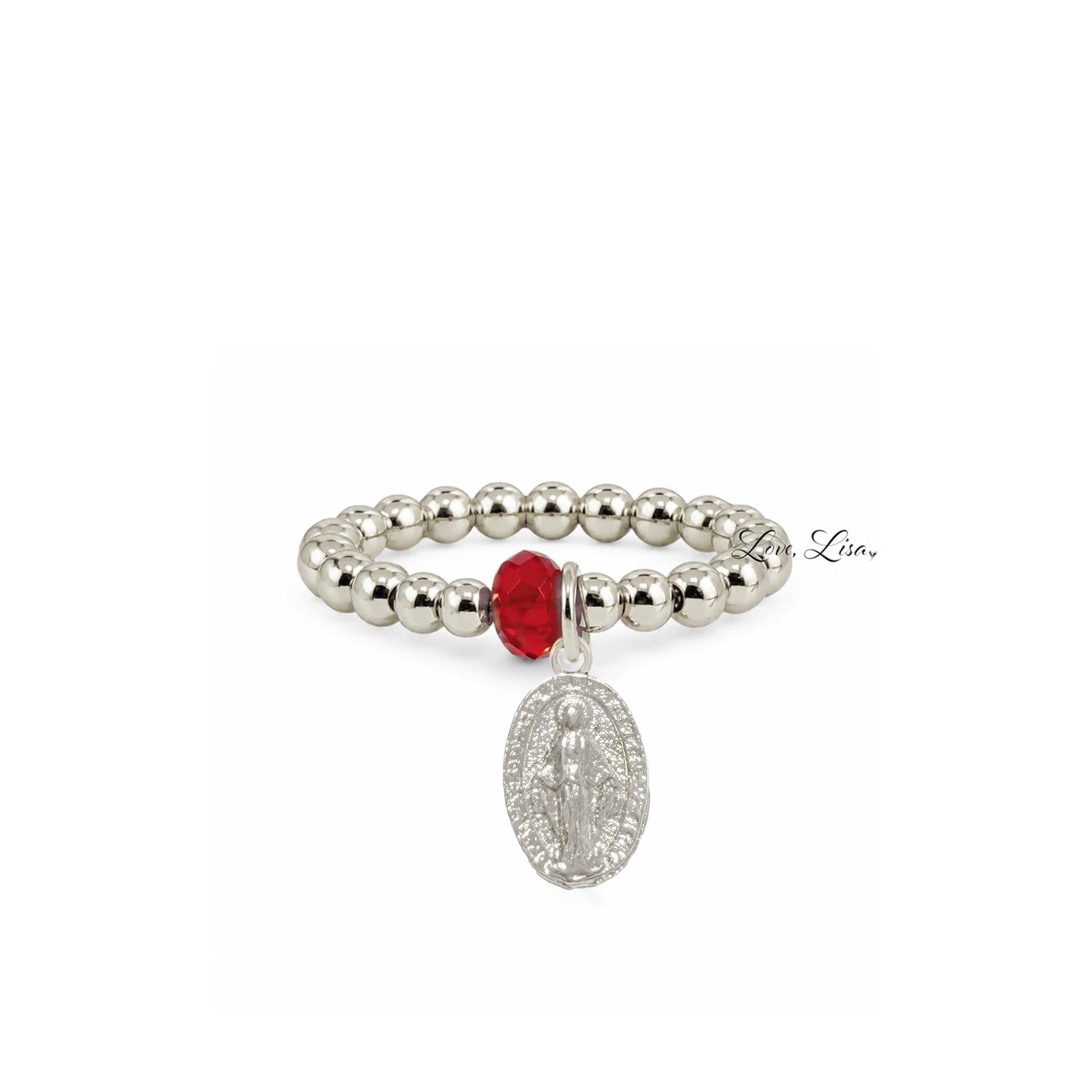 Love Lisa Grace Miraculous Medal Stretch Ring in silver with polished 3mm beads red crystal accent and medal charm