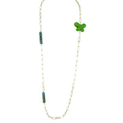 Green monarch butterfly charm necklace with emerald crystal beads on gold chain