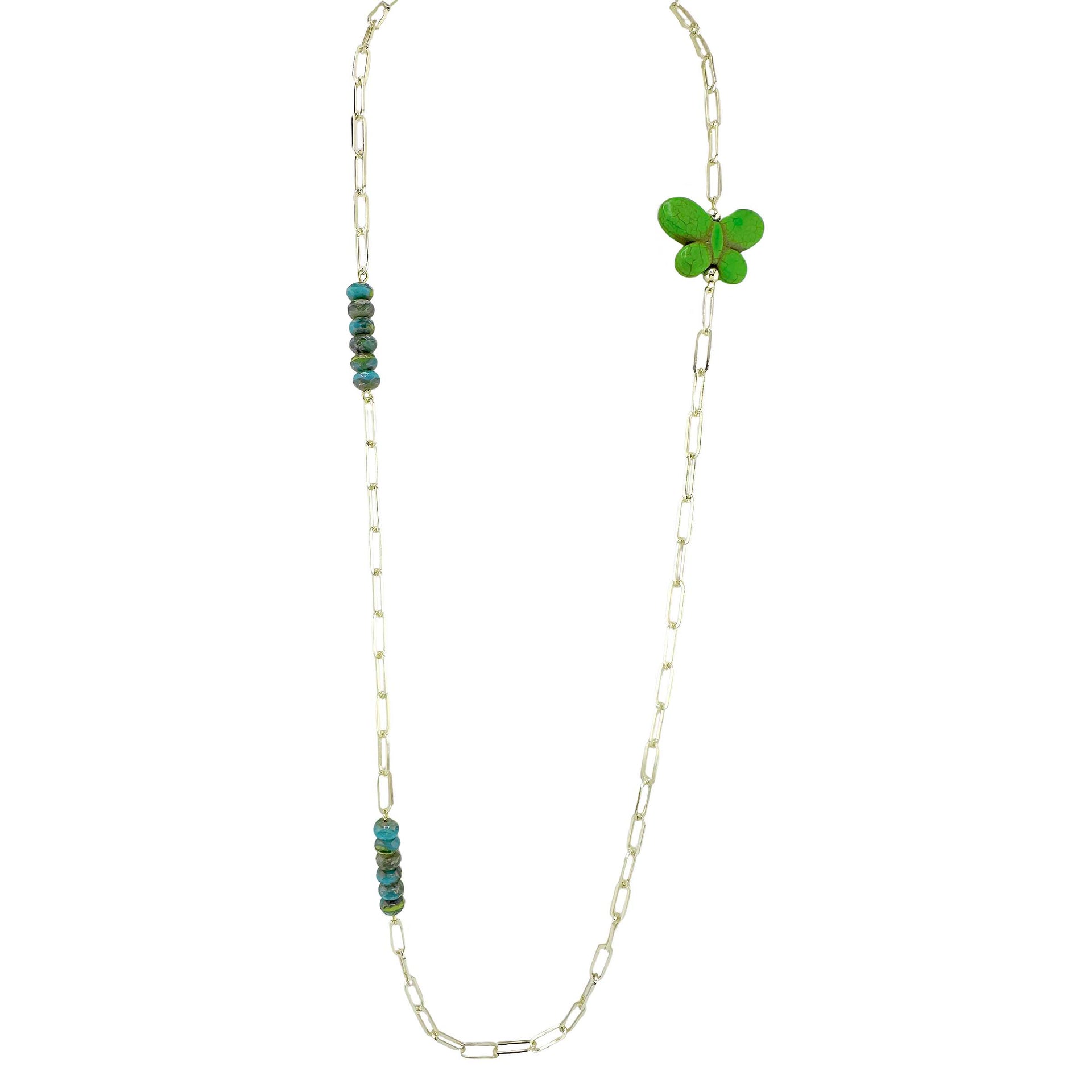 Green monarch butterfly charm necklace with emerald crystal beads on gold chain
