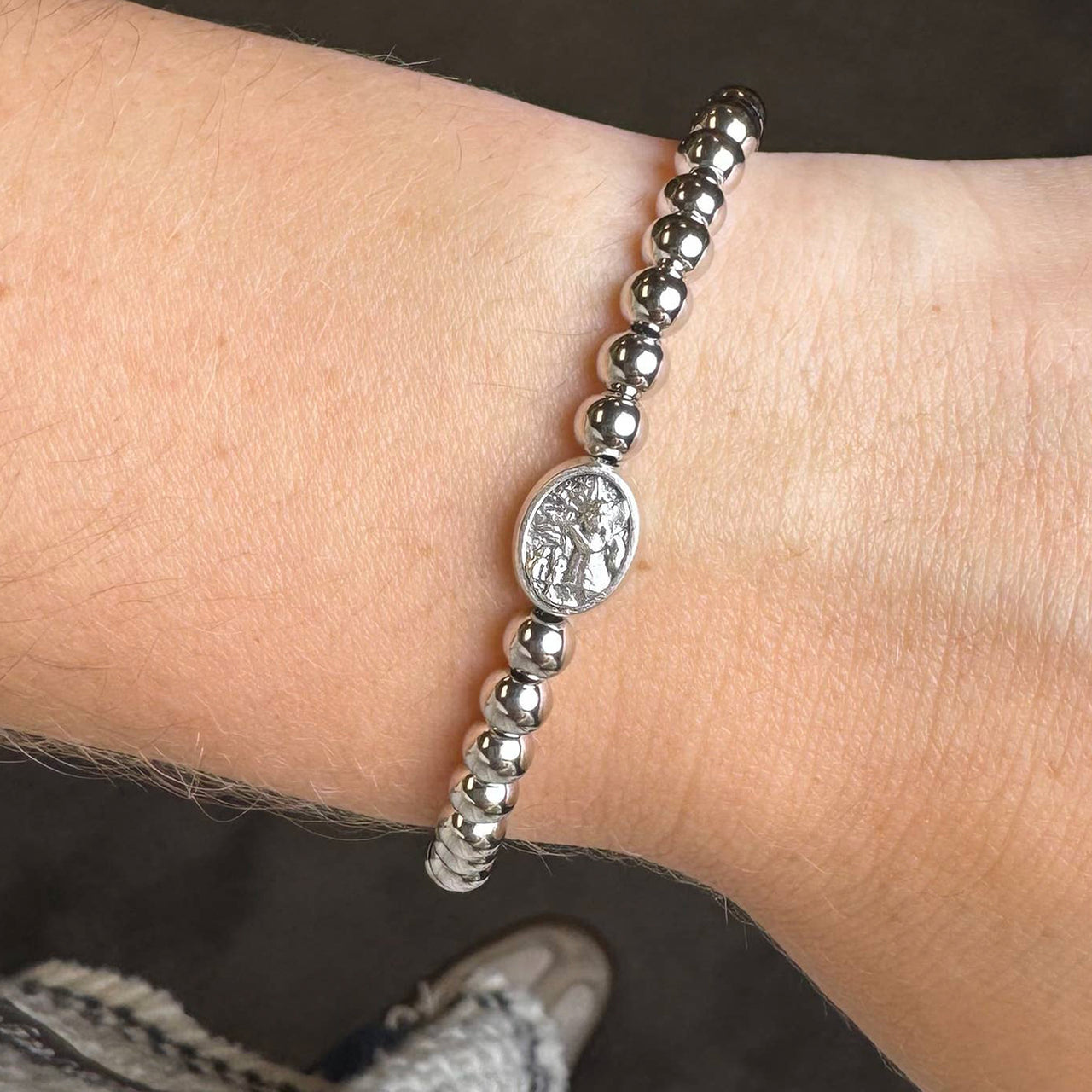 guardian angel silver beaded bracelet on model