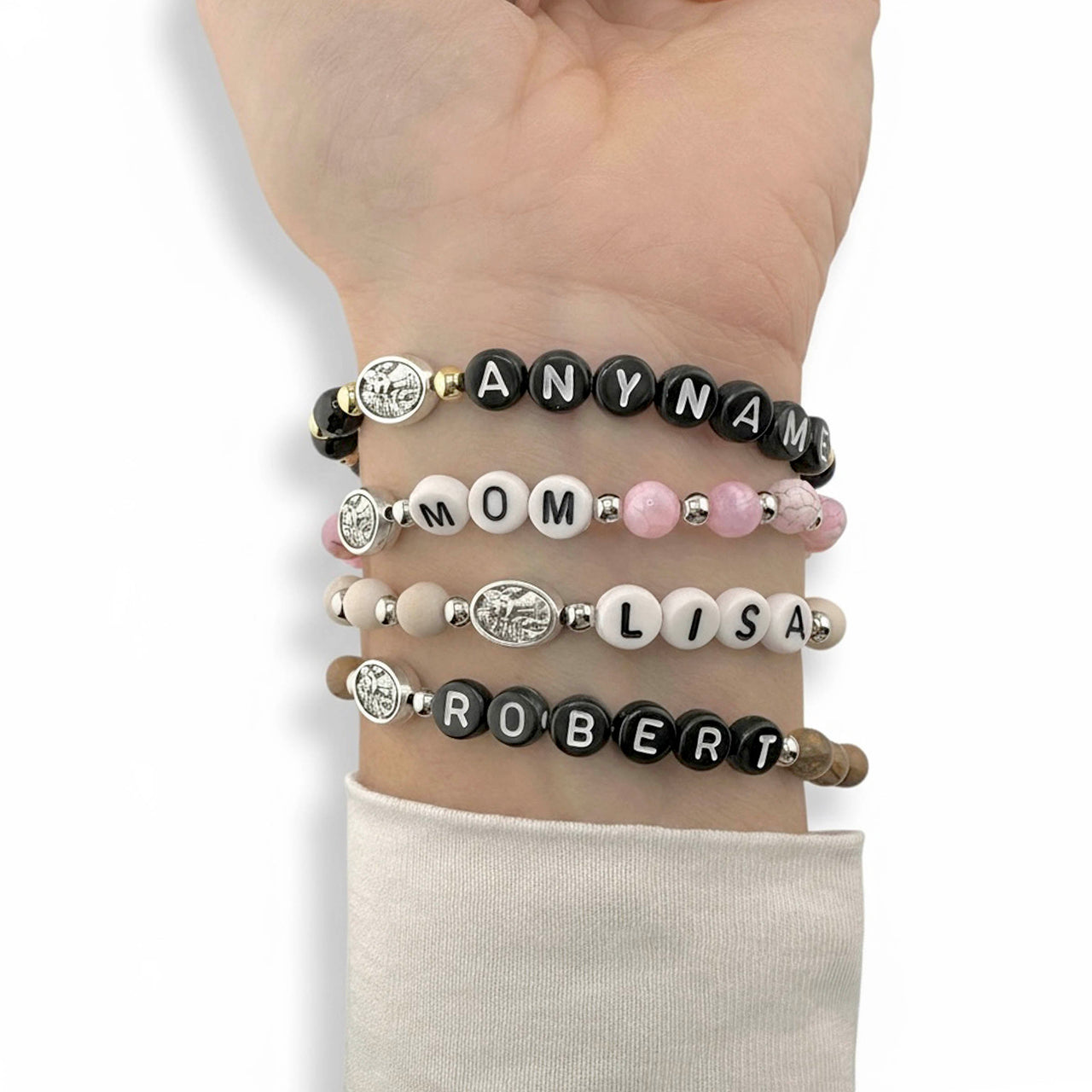 stacked guardian angel personalized bracelets on wrist custom name jewelry Love Lisa