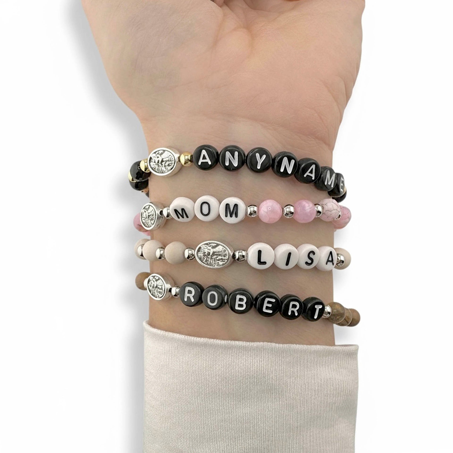 stacked guardian angel personalized bracelets on wrist custom name jewelry Love Lisa