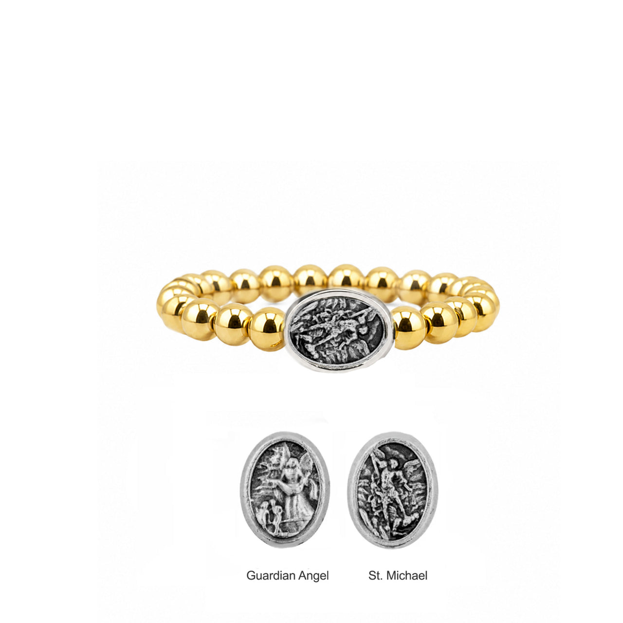Love Lisa Guardian Angel Saint Michael Stretch Ring in gold showing double-sided Guardian Angel and Saint Michael medal charm