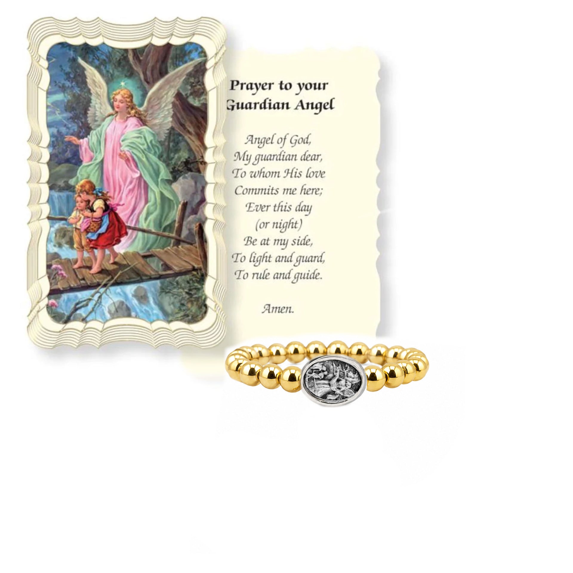 Love Lisa Guardian Angel Saint Michael Stretch Ring displayed with Guardian Angel prayer card and Catholic devotional jewelry styling