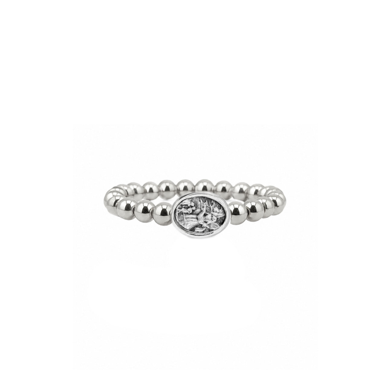 Love Lisa Guardian Angel Saint Michael Stretch Ring in silver with polished 3mm beads and double-sided devotional medal charm