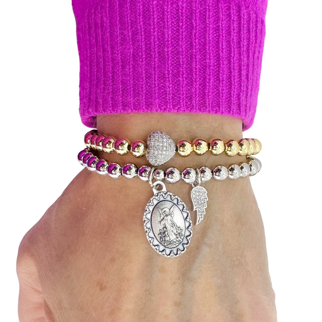 woman wearing gold guardian angel wing beaded bracelet inspirational jewelry