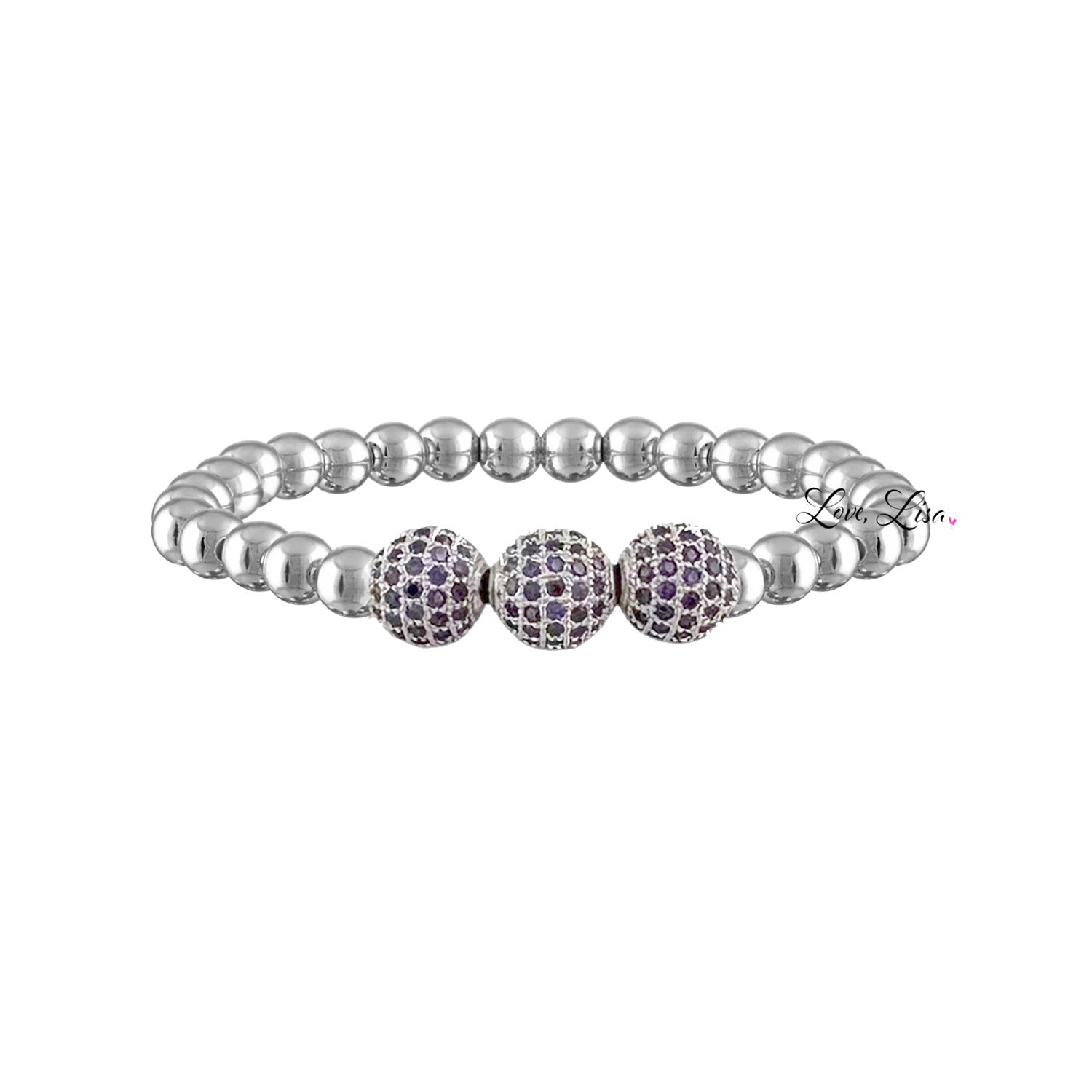 silver bracelet with purple pave beads delicate jewelry gift