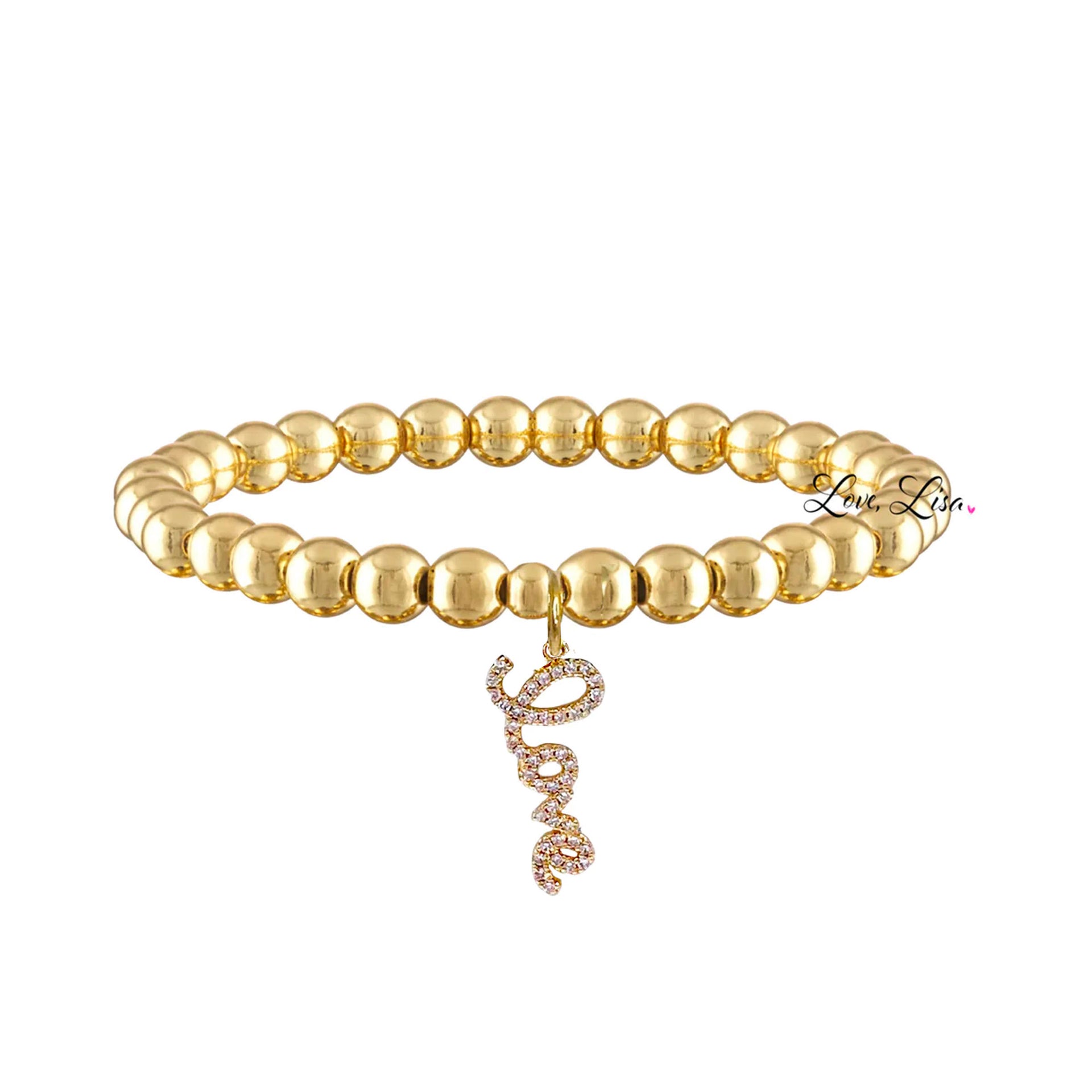 gold beaded bracelet with gold love charm elegant beaded jewelry