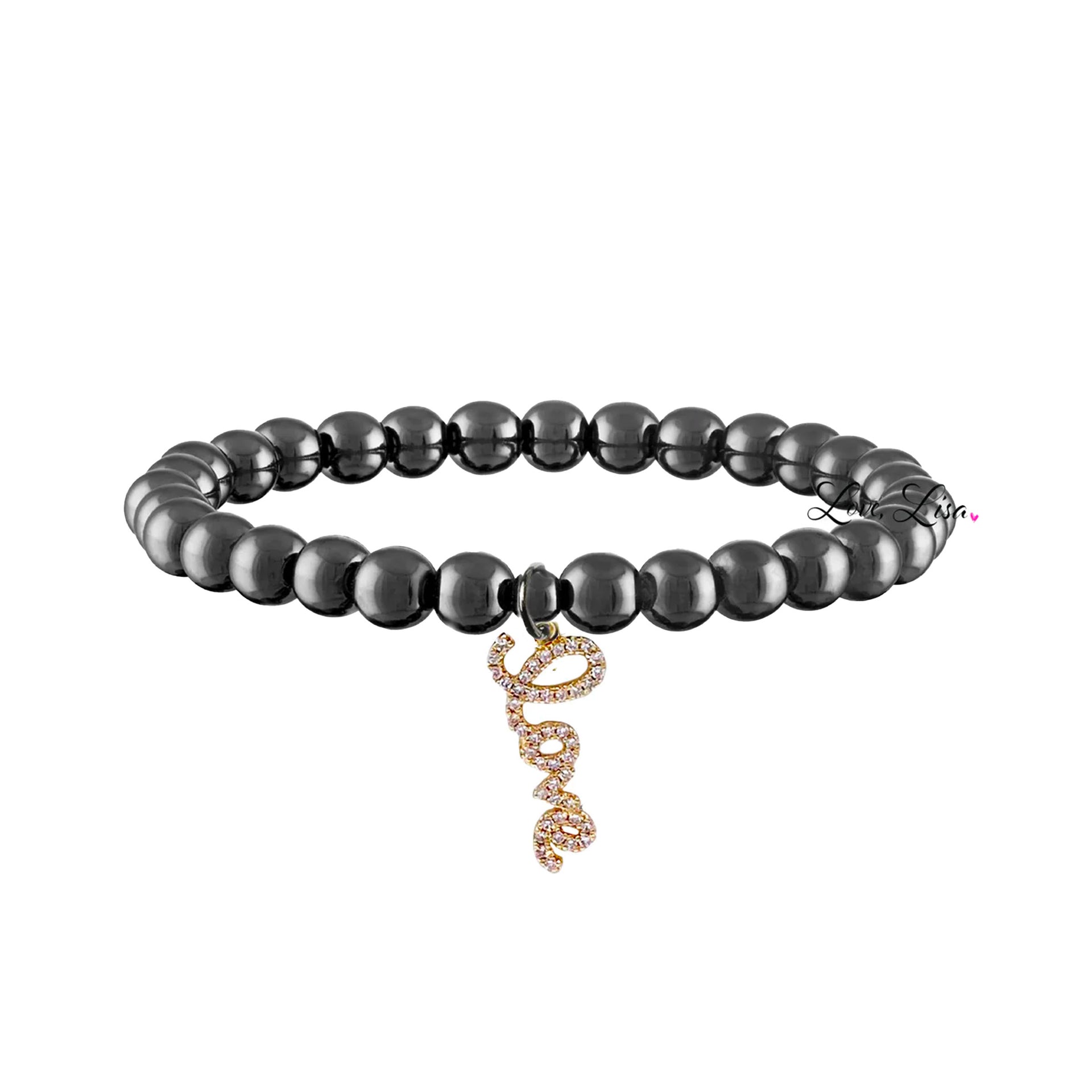 black beaded bracelet with gold love charm modern statement jewelry