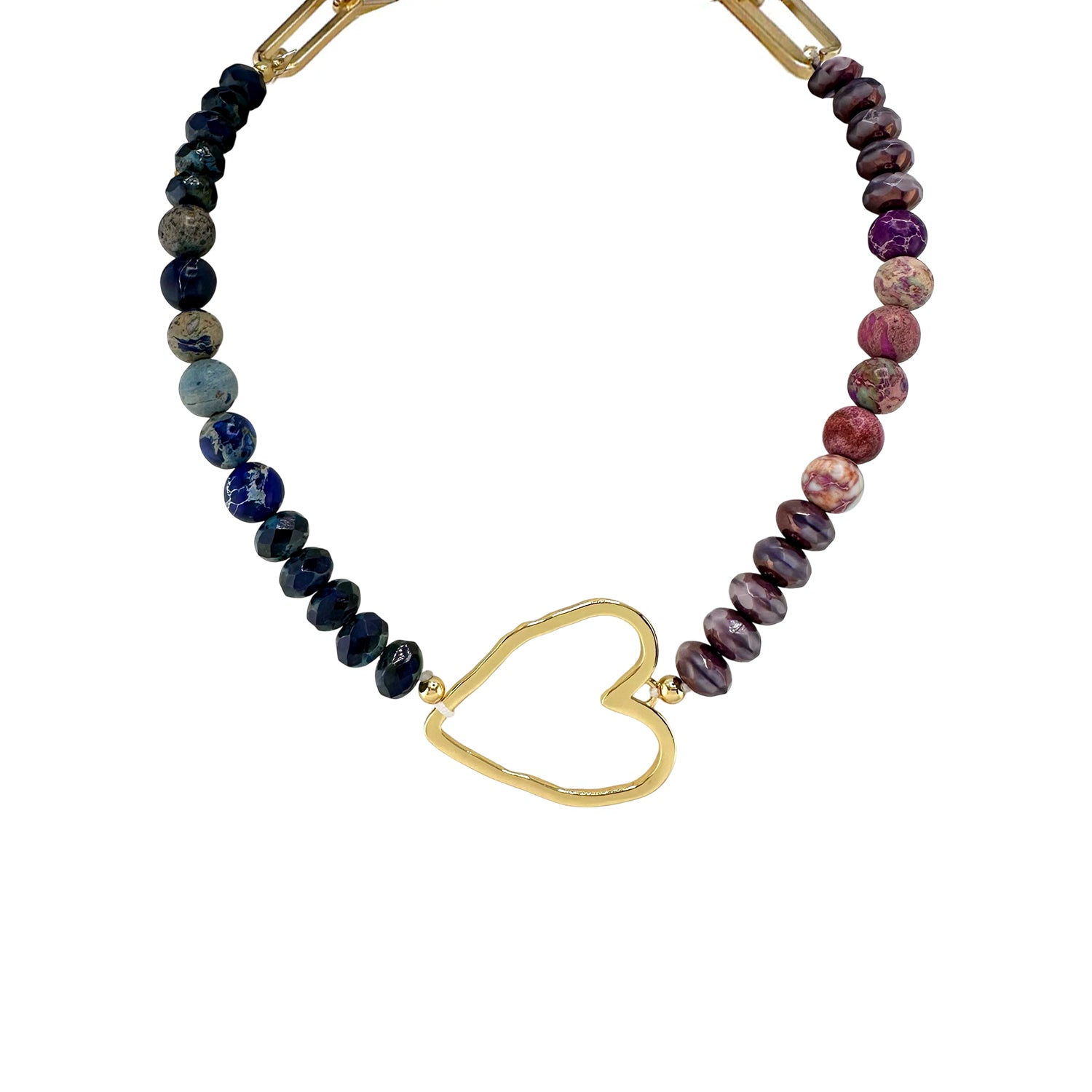 A beaded choker necklace with a heart-shaped gold pendant, featuring a variety of colorful crystal beads.