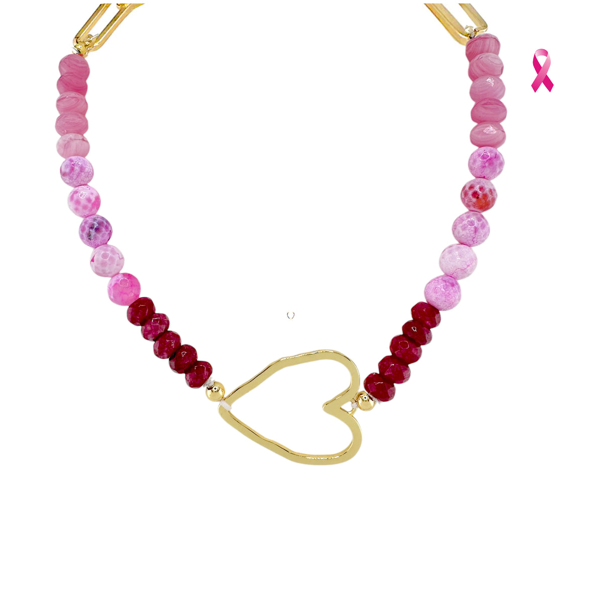 Love Lisa Hailey Breast Cancer Awareness Gemstone Heart Necklace with blush, marbled pink, and raspberry gemstone beads, oversized gold-tone open heart, and paperclip chain links