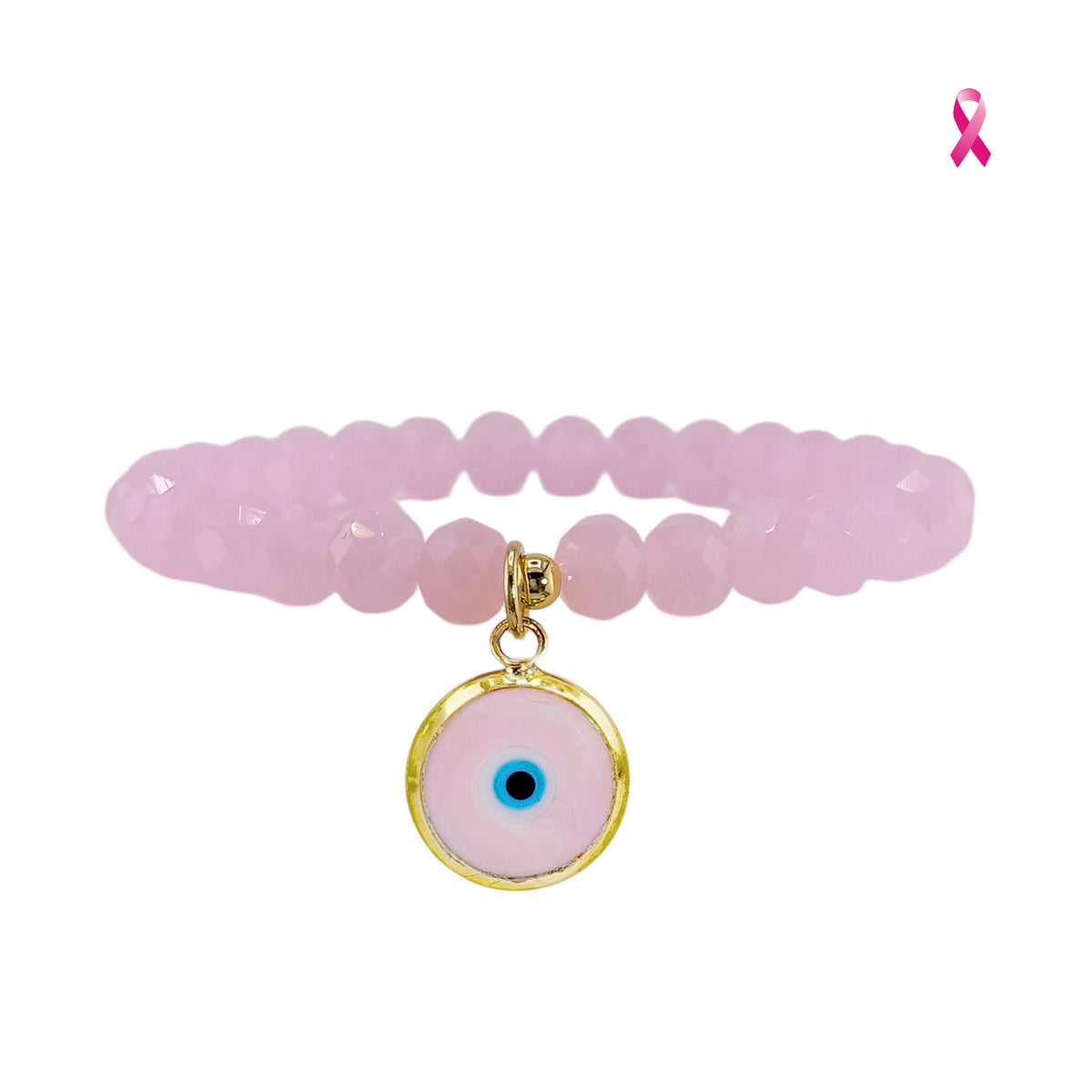 Love Lisa Hailey Breast Cancer Awareness Murano Glass Evil Eye Bracelet with faceted pale pink Czech glass beads, round pink evil eye charm, and gold-tone setting
