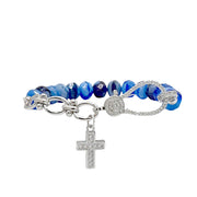 blue crystal bracelet with silver cross charm handmade statement bracelet
