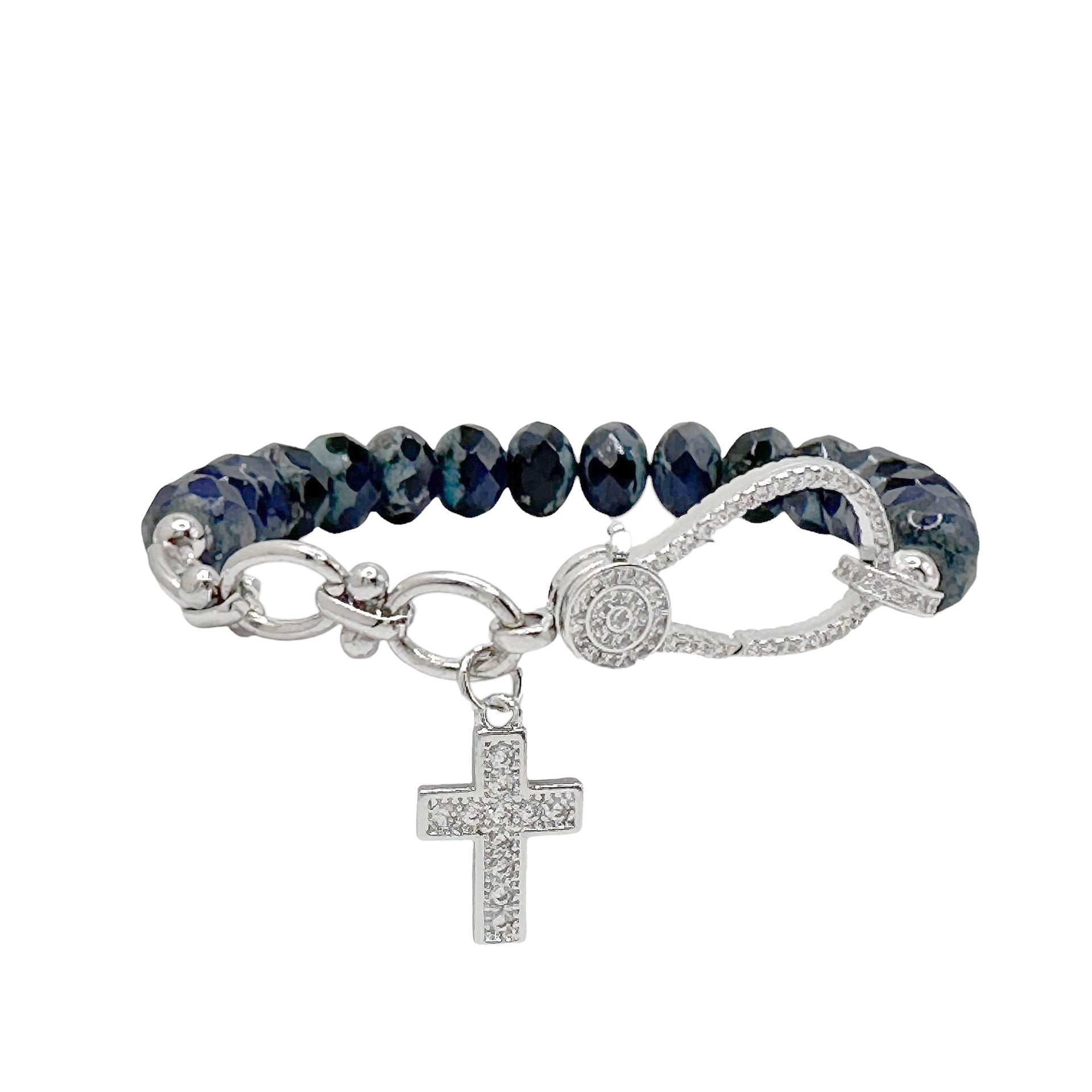 navy blue beaded bracelet with silver cross charm elegant jewelry gift