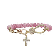 pink beaded bracelet with gold cross charm feminine faith jewe