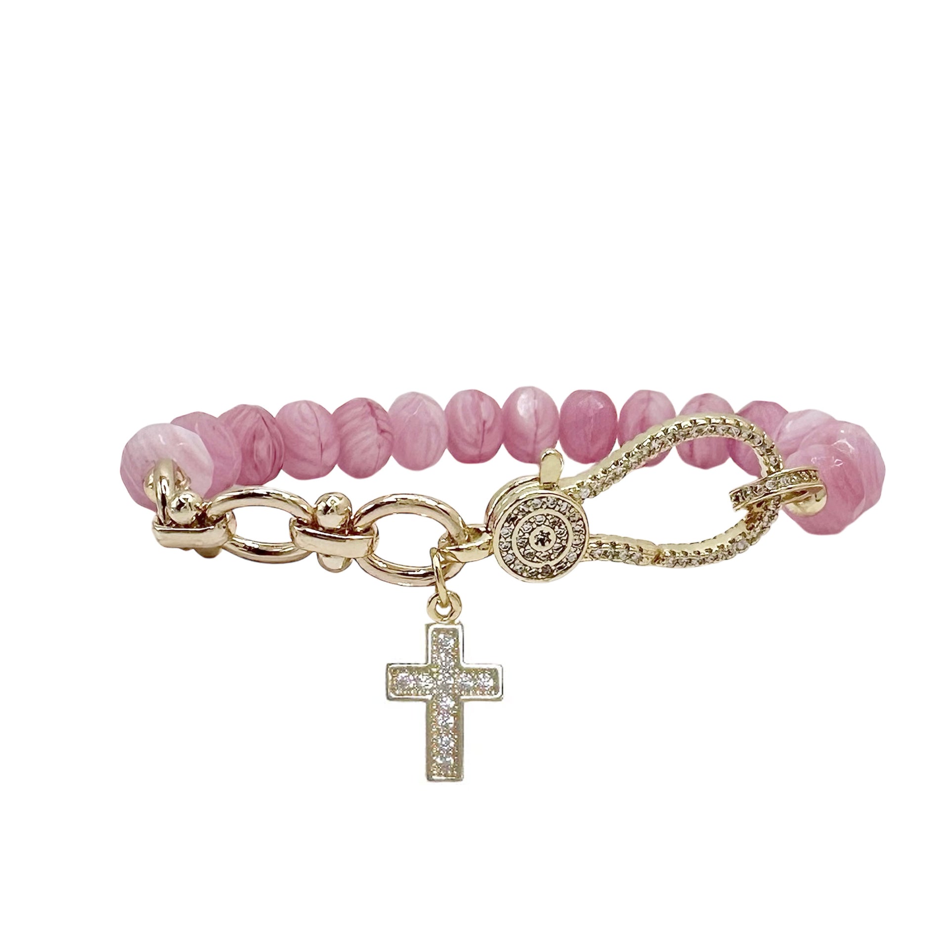pink beaded bracelet with gold cross charm feminine faith jewe