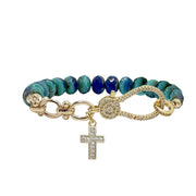 teal crystal bracelet with gold cross charm handmade faith jewelry