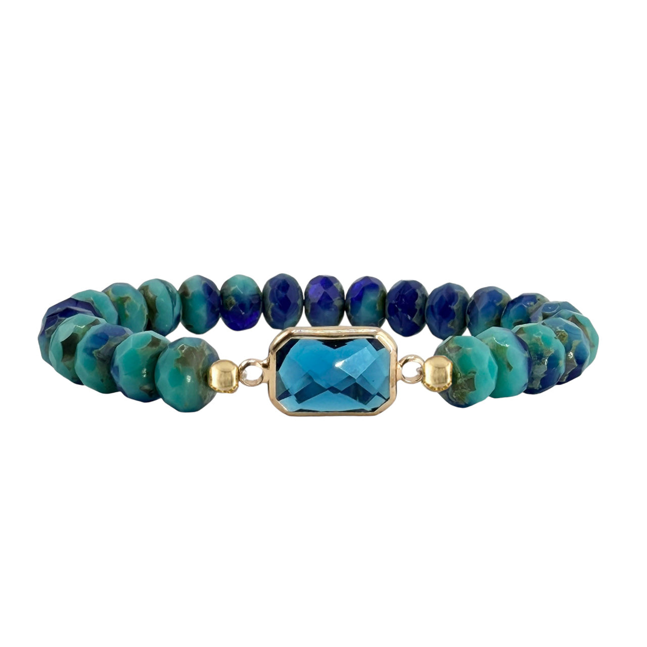 blue crystal beaded stretch bracelet with rectangular faceted crystal center