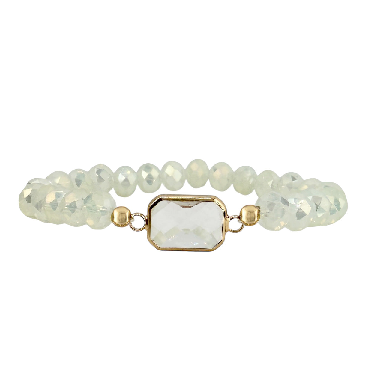 frosted aura crystal beaded stretch bracelet with gold framed rectangular crystal center
