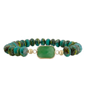 green crystal beaded stretch bracelet with faceted rectangular crystal centerpiece