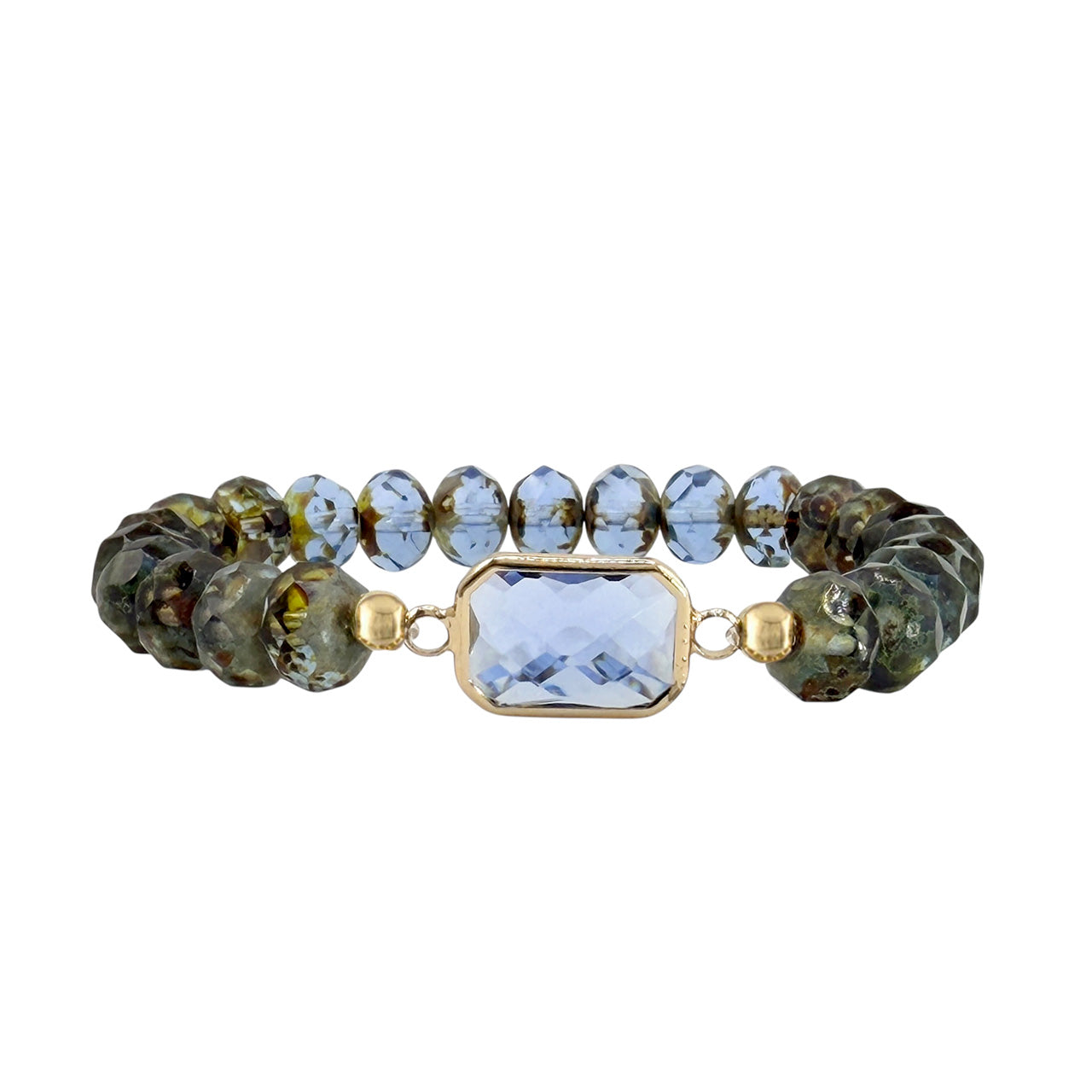 Love Lisa Hailey crystal beaded stretch bracelet with faceted crystal beads and rectangular gold framed center stone