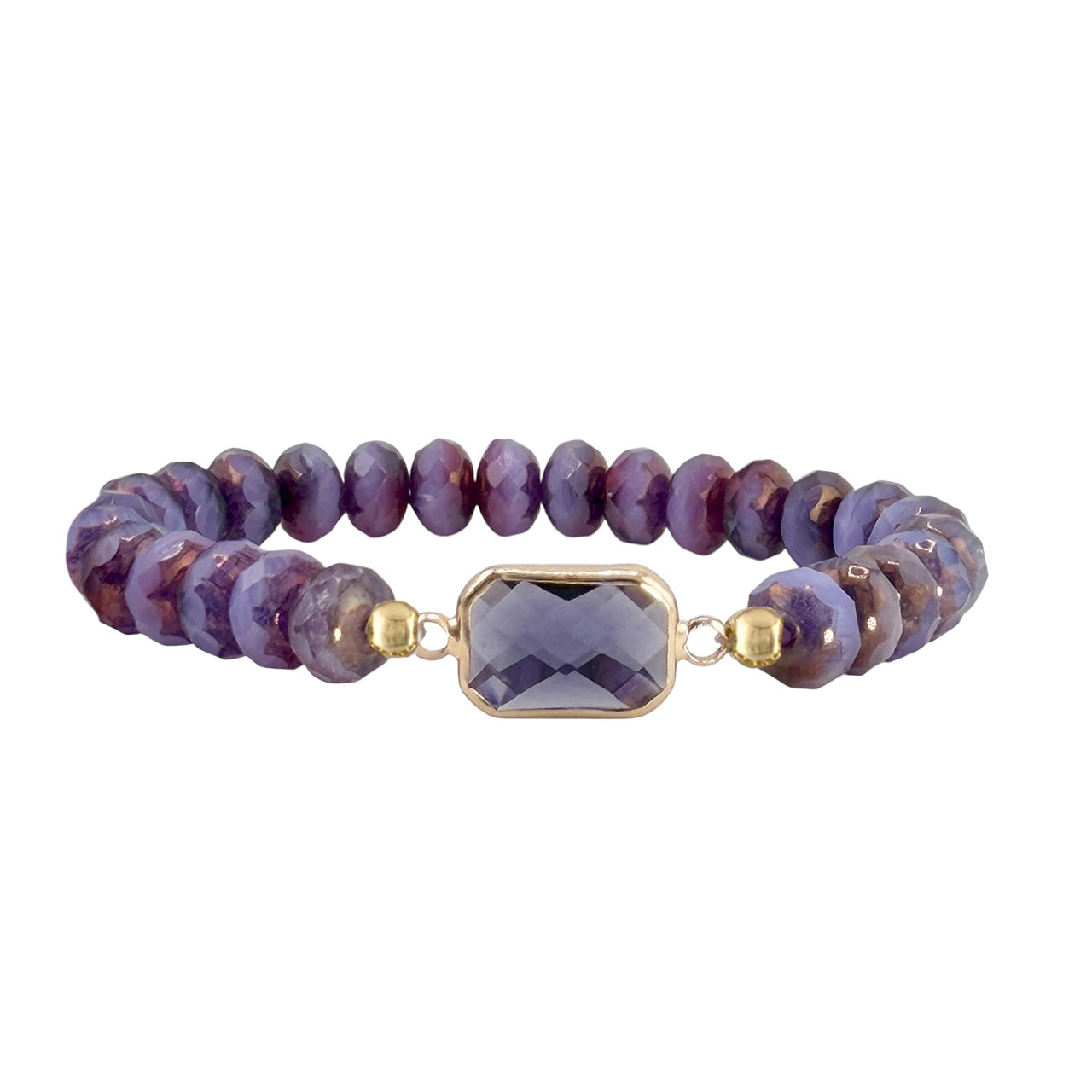 purple crystal beaded stretch bracelet with gold framed center stone