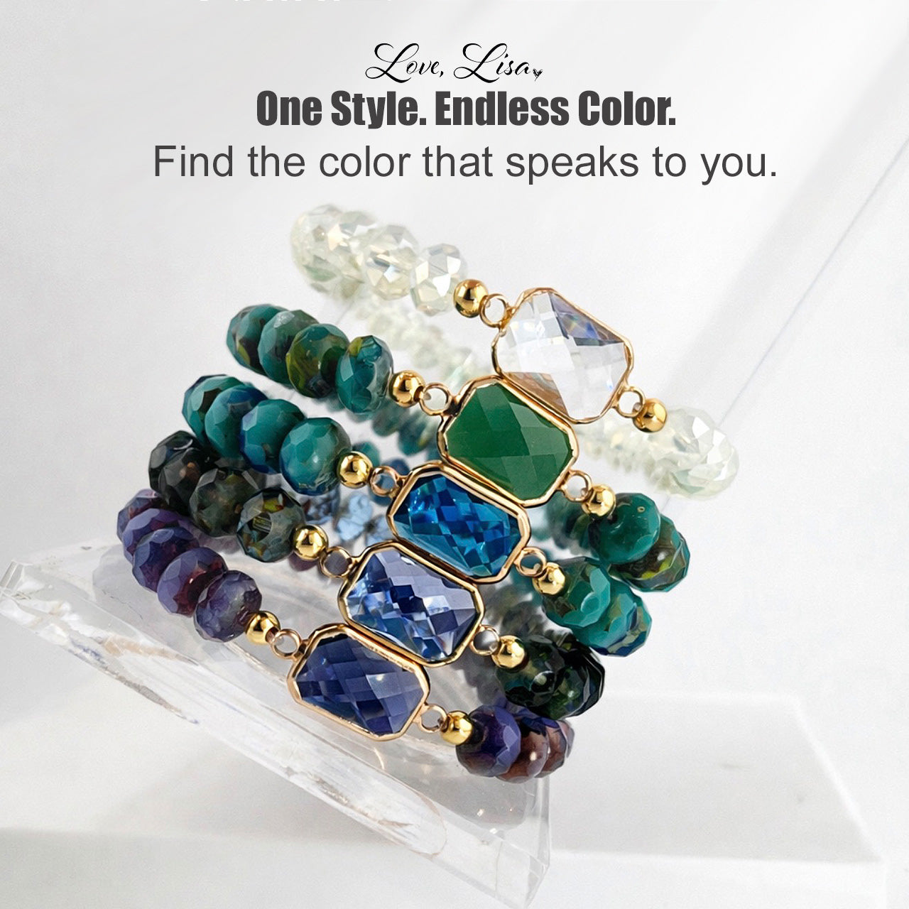 Love Lisa Hailey crystal beaded stretch bracelet with faceted crystal beads and rectangular gold framed center stone jewel color stack display