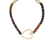 Hailey Gemstone Beaded Heart Necklace with faceted brown and mocha gemstone beads and polished gold-tone open heart centerpiece