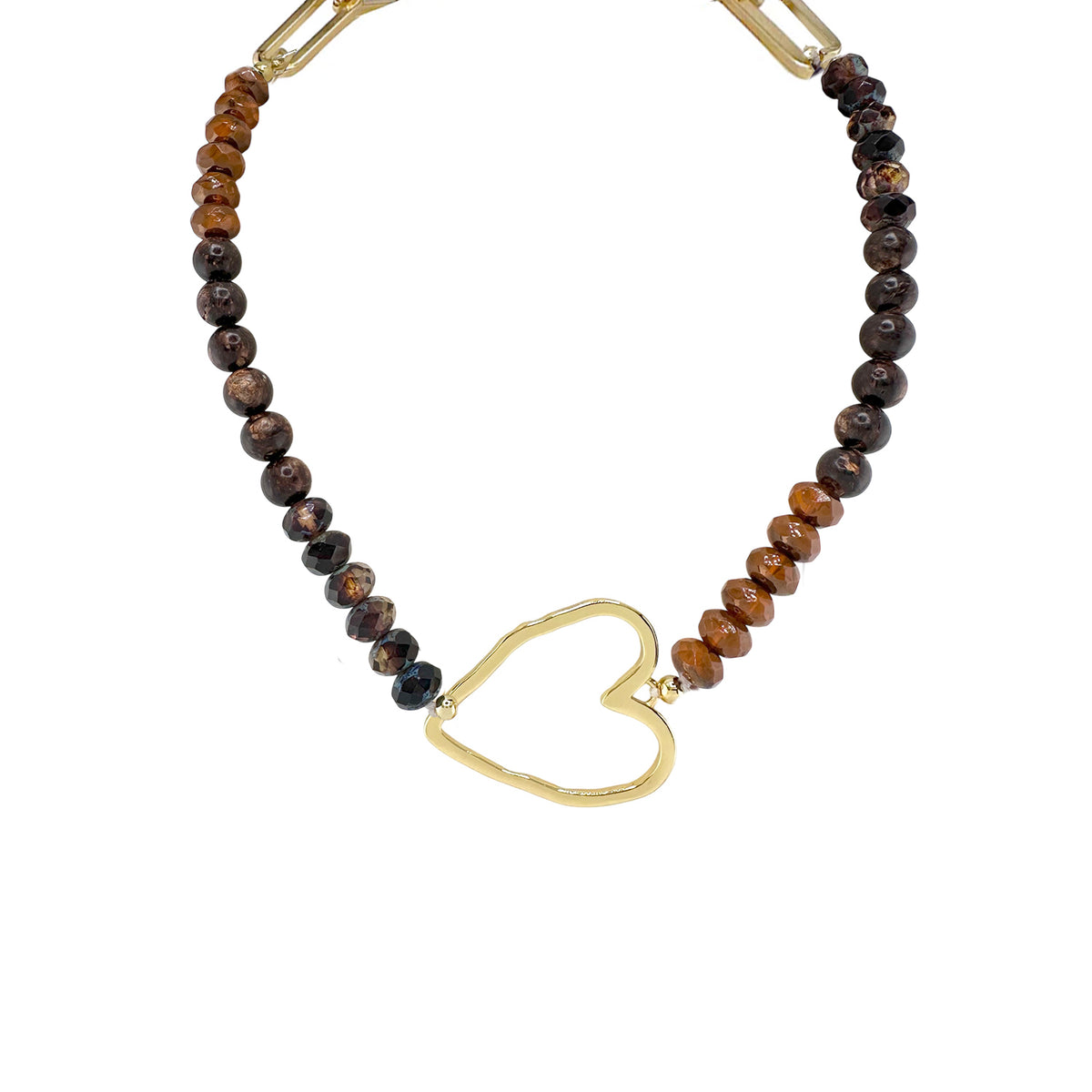 Hailey Gemstone Beaded Heart Necklace with faceted brown and mocha gemstone beads and polished gold-tone open heart centerpiece