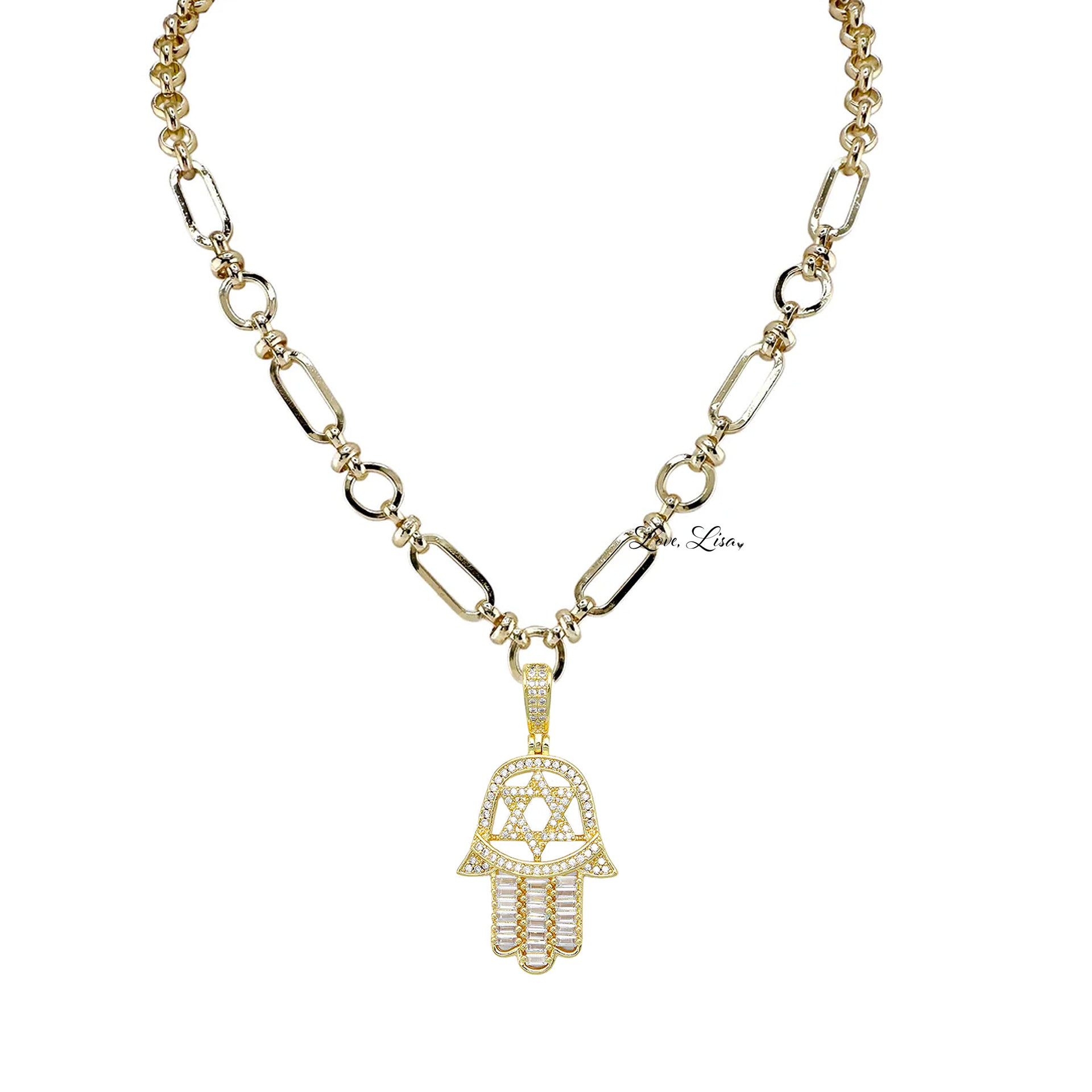A two-tone gold and silver hamsa necklace with star of david on a bold chain