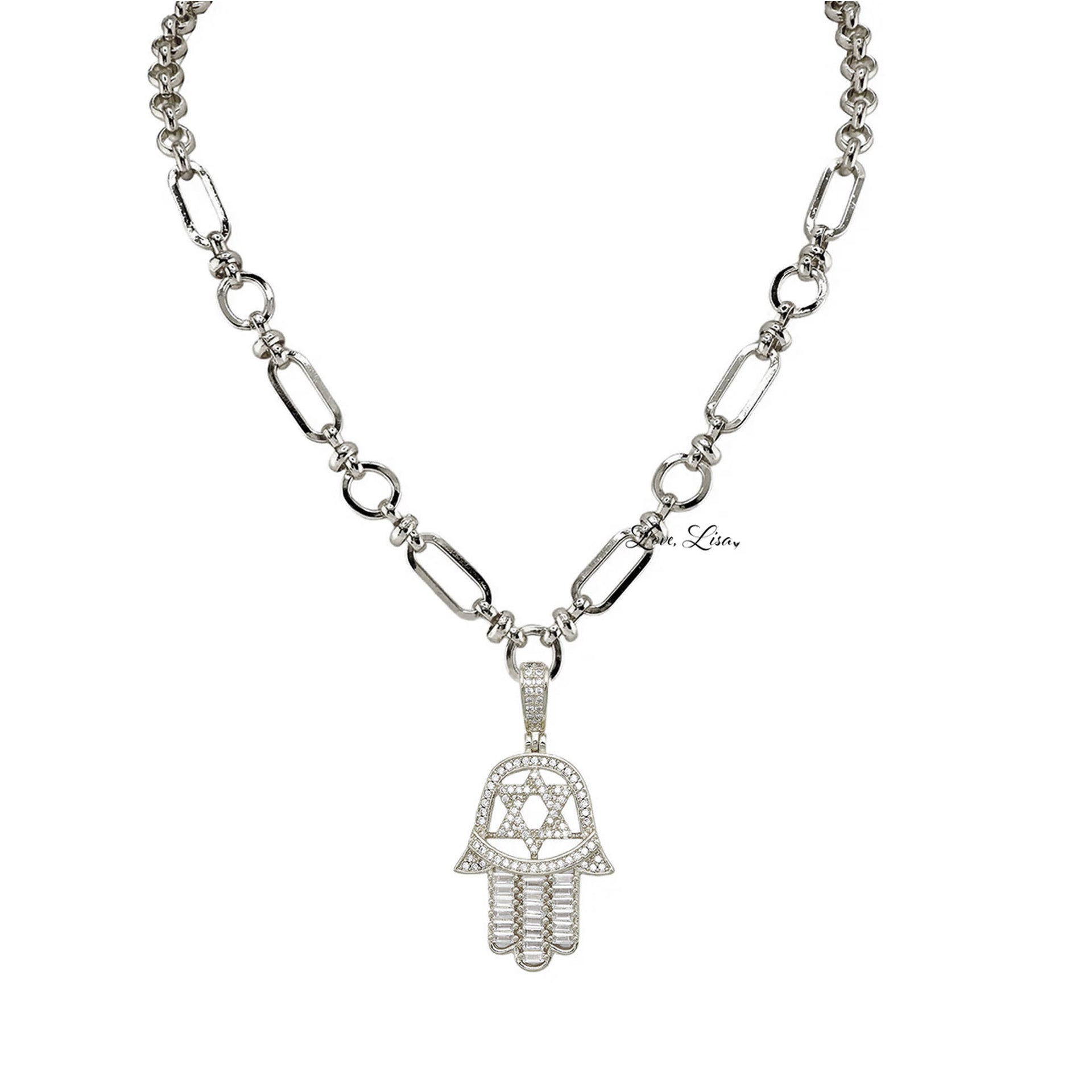 
Hailey Hamsa Necklace in silver and silver with star of david on bold chain