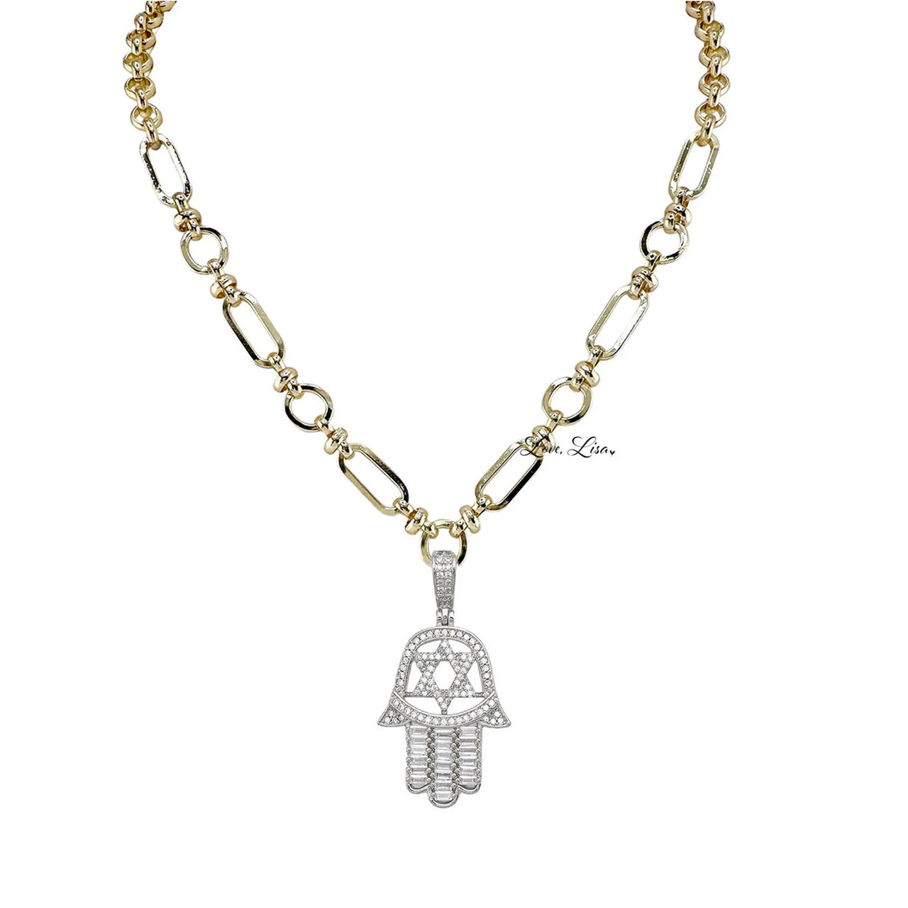 Hailey Hamsa Necklace in gold and silver with star of david on bold chain