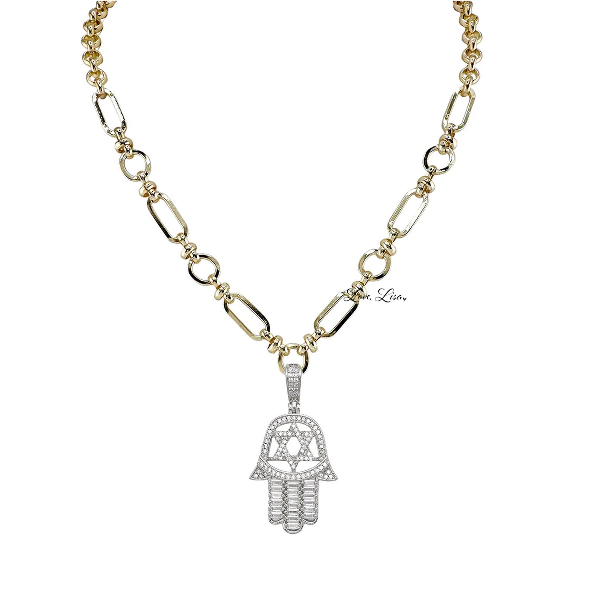Hailey Hamsa Necklace in gold and silver with star of david on bold chain