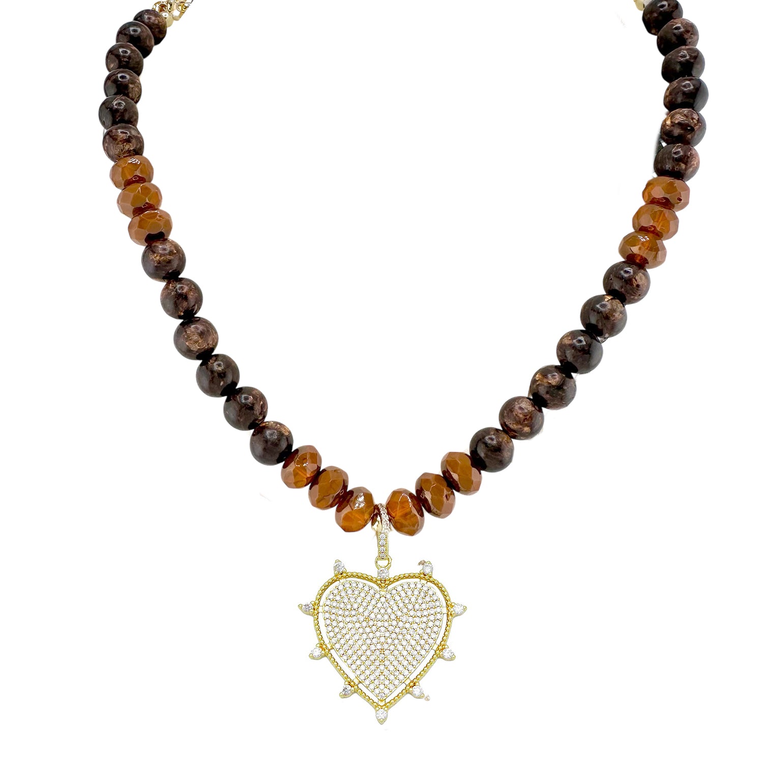 Love Lisa Hailey Heart Pavé Necklace saddle brown beads