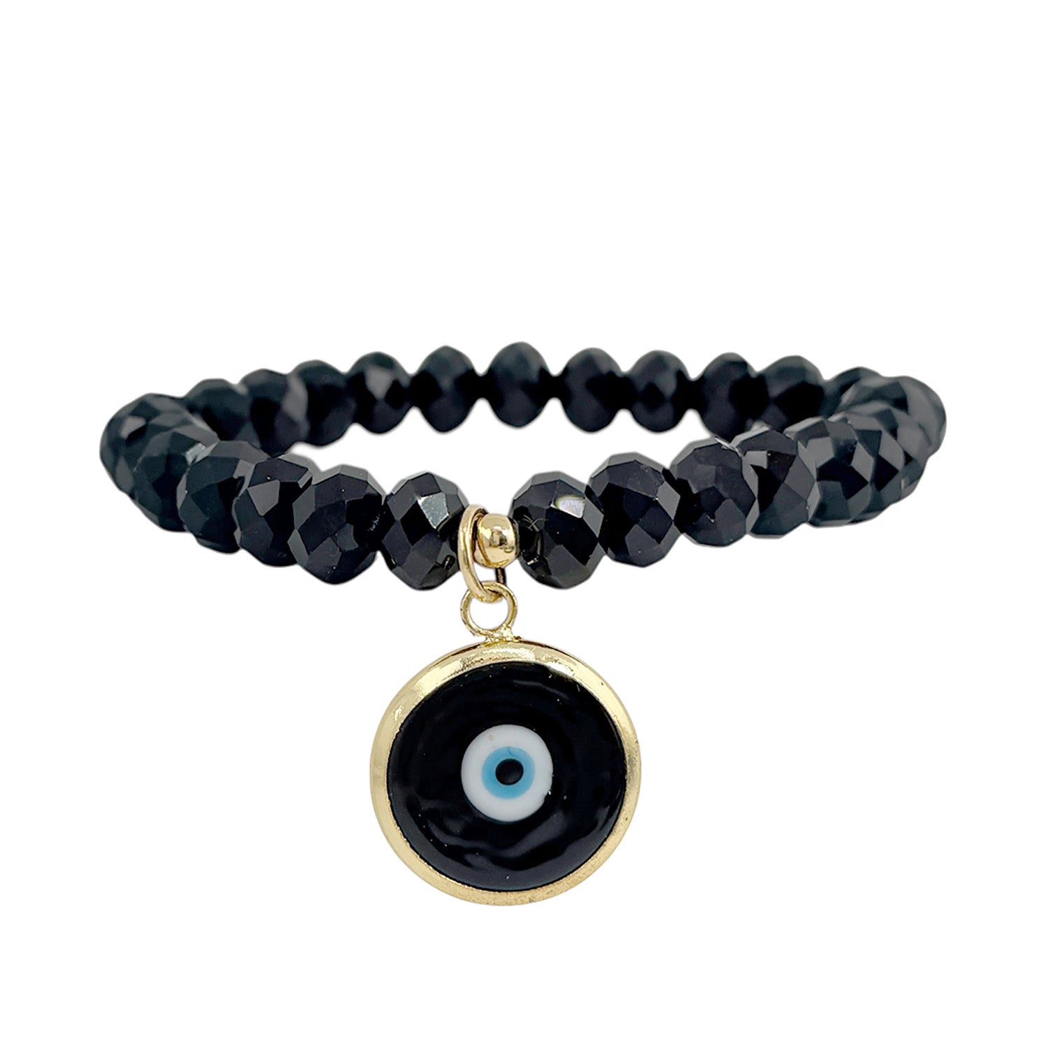 Black rondelle bead bracelet with Murano glass evil eye charm