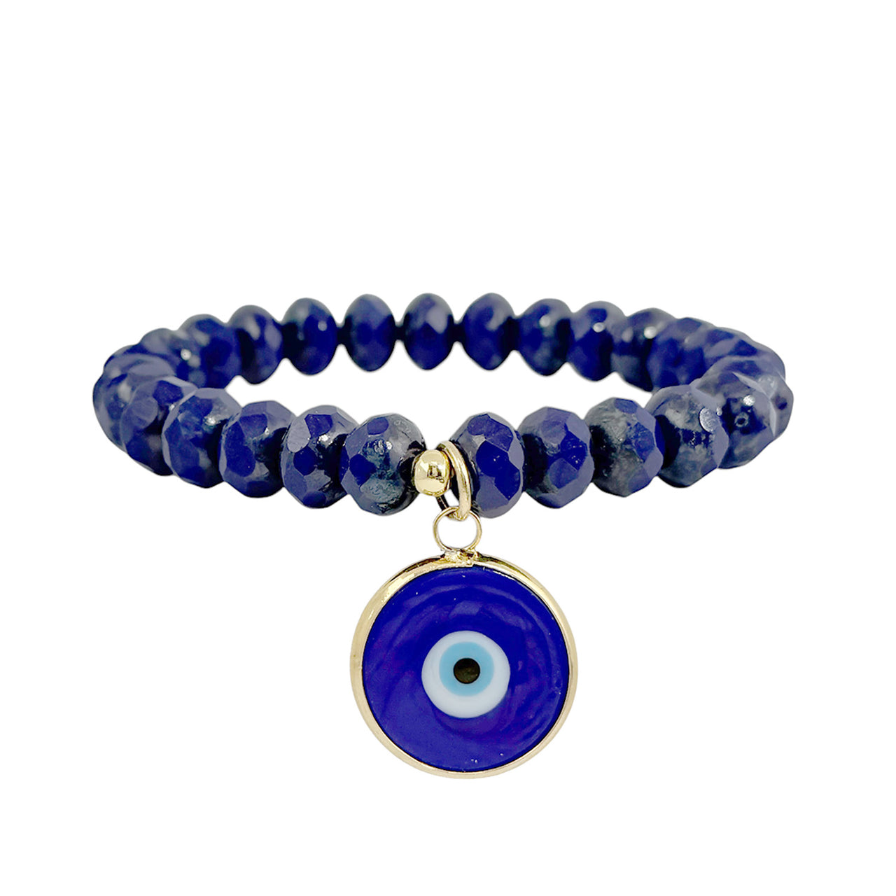 Blue rondelle bead bracelet with Murano glass evil eye charm