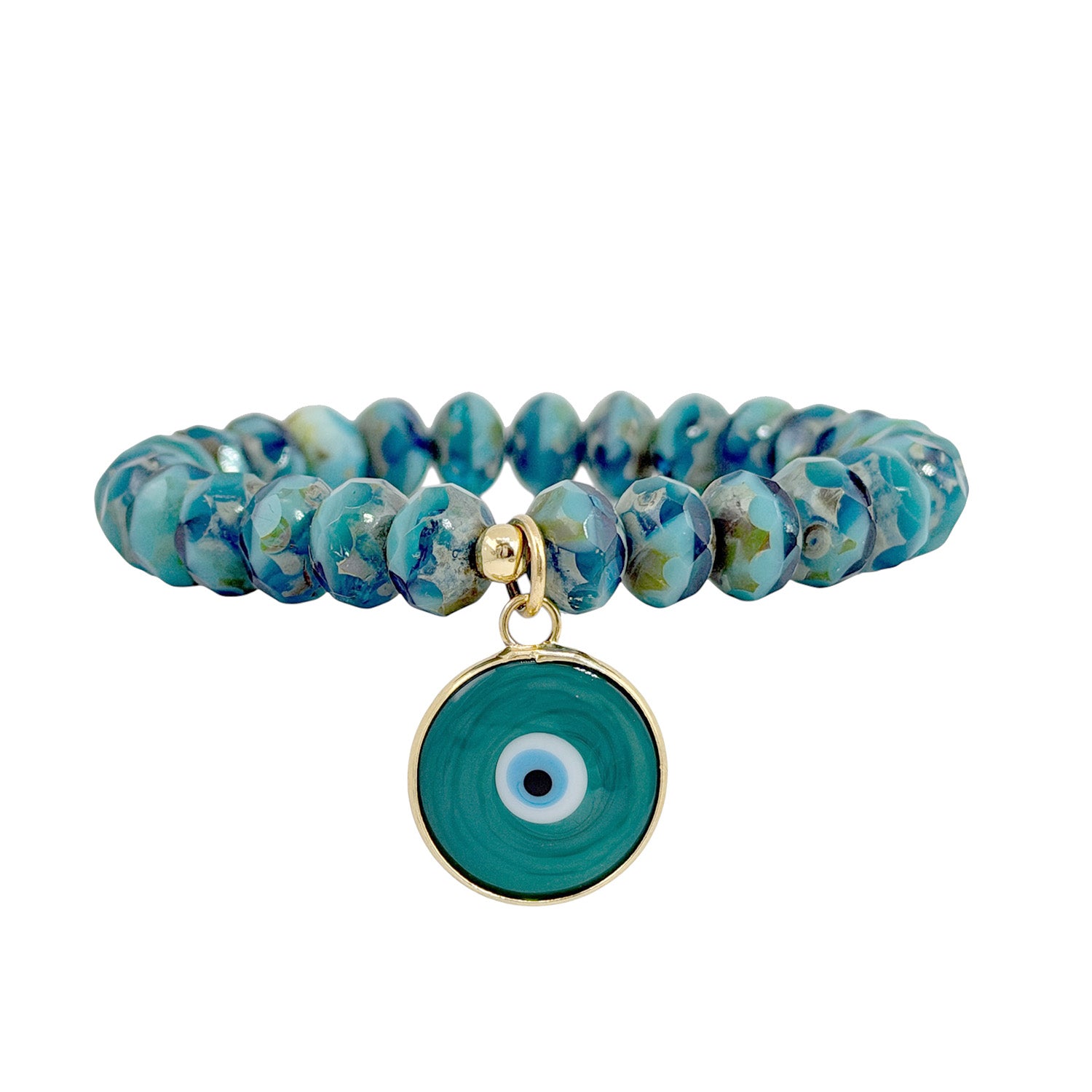 Green rondelle bead bracelet with Murano glass evil eye charm