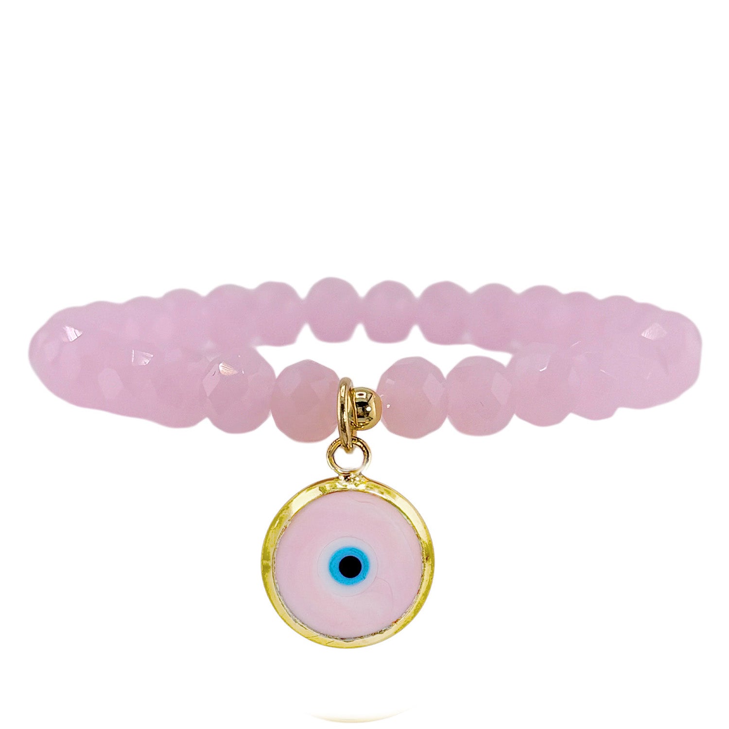 Pink rondelle bead bracelet with Murano glass evil eye charm