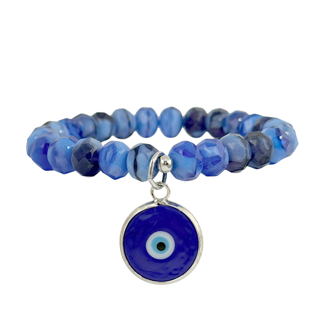 Royal blue rondelle bead bracelet with Murano glass evil eye charm