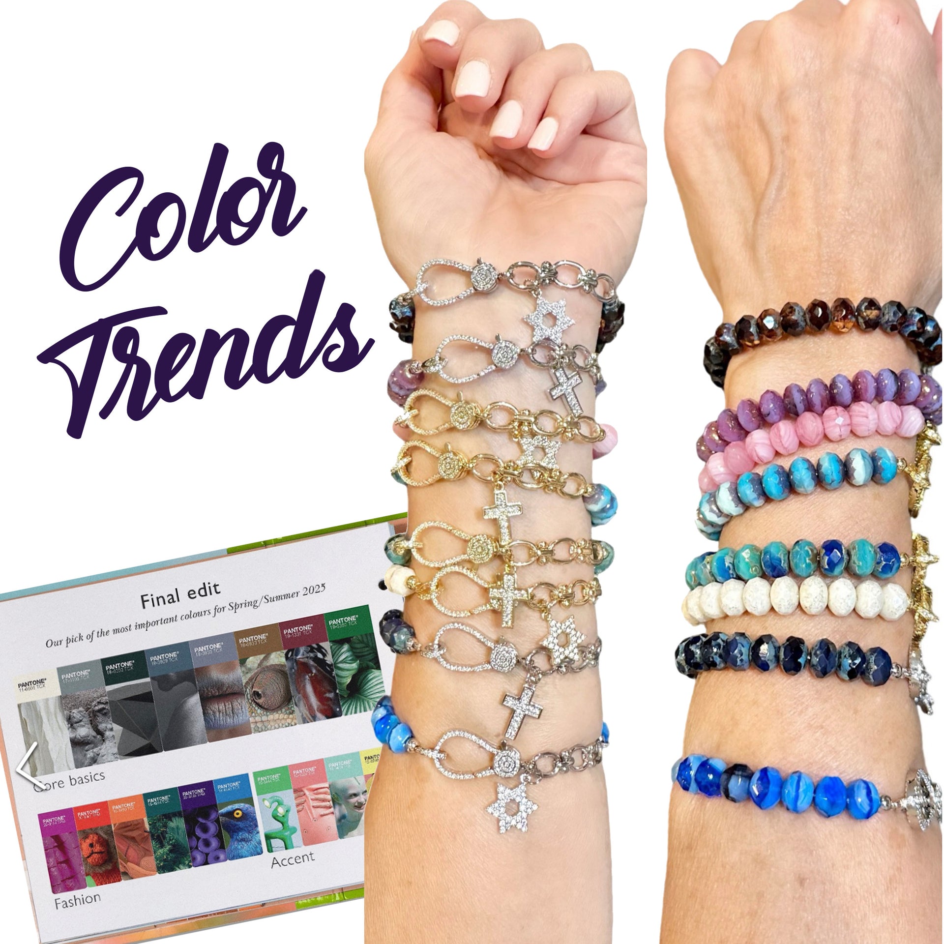 woman wearing stack of hailey star of david beaded bracelets colorful jewelry