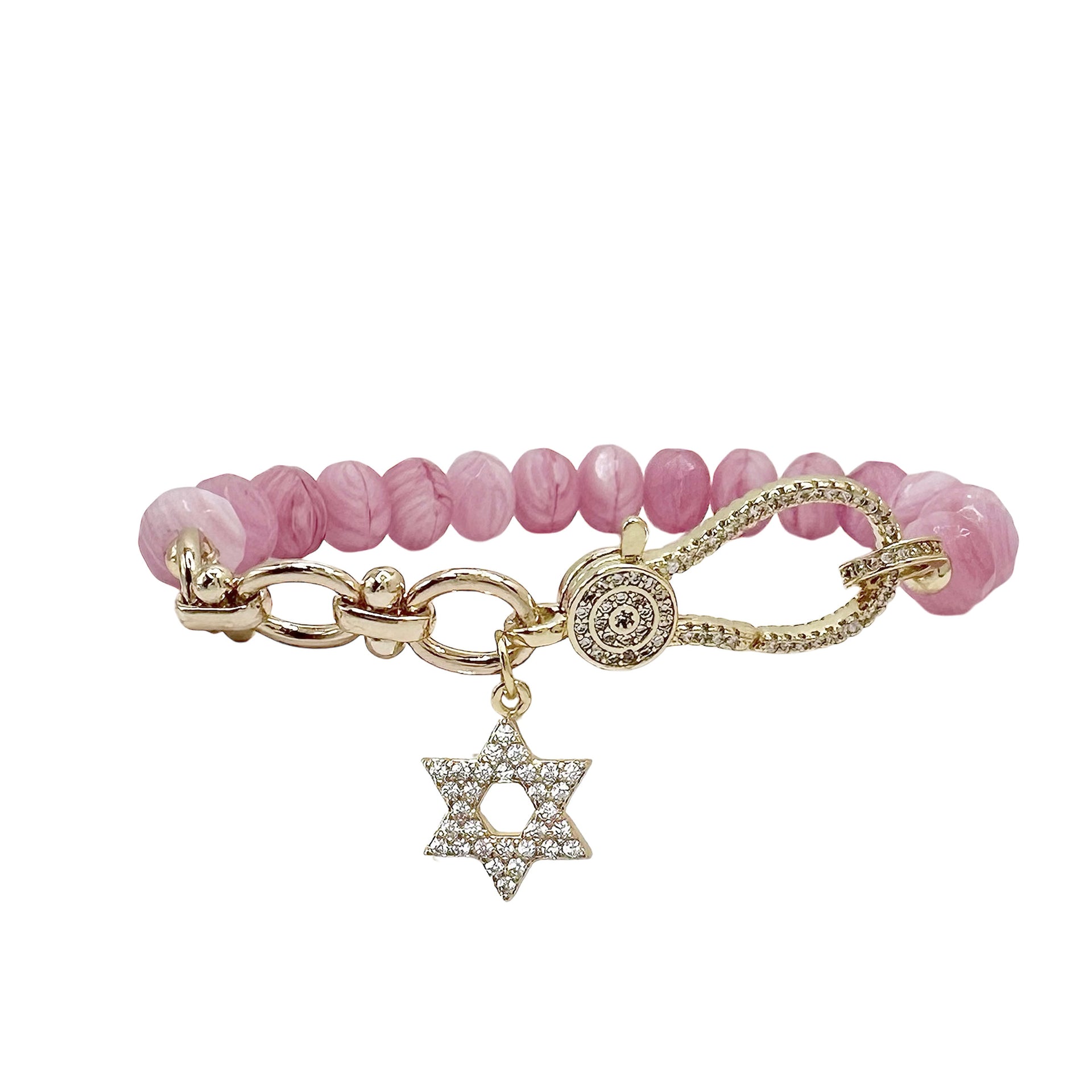 pink crystal bracelet with gold star of david charm feminine faith jewelry