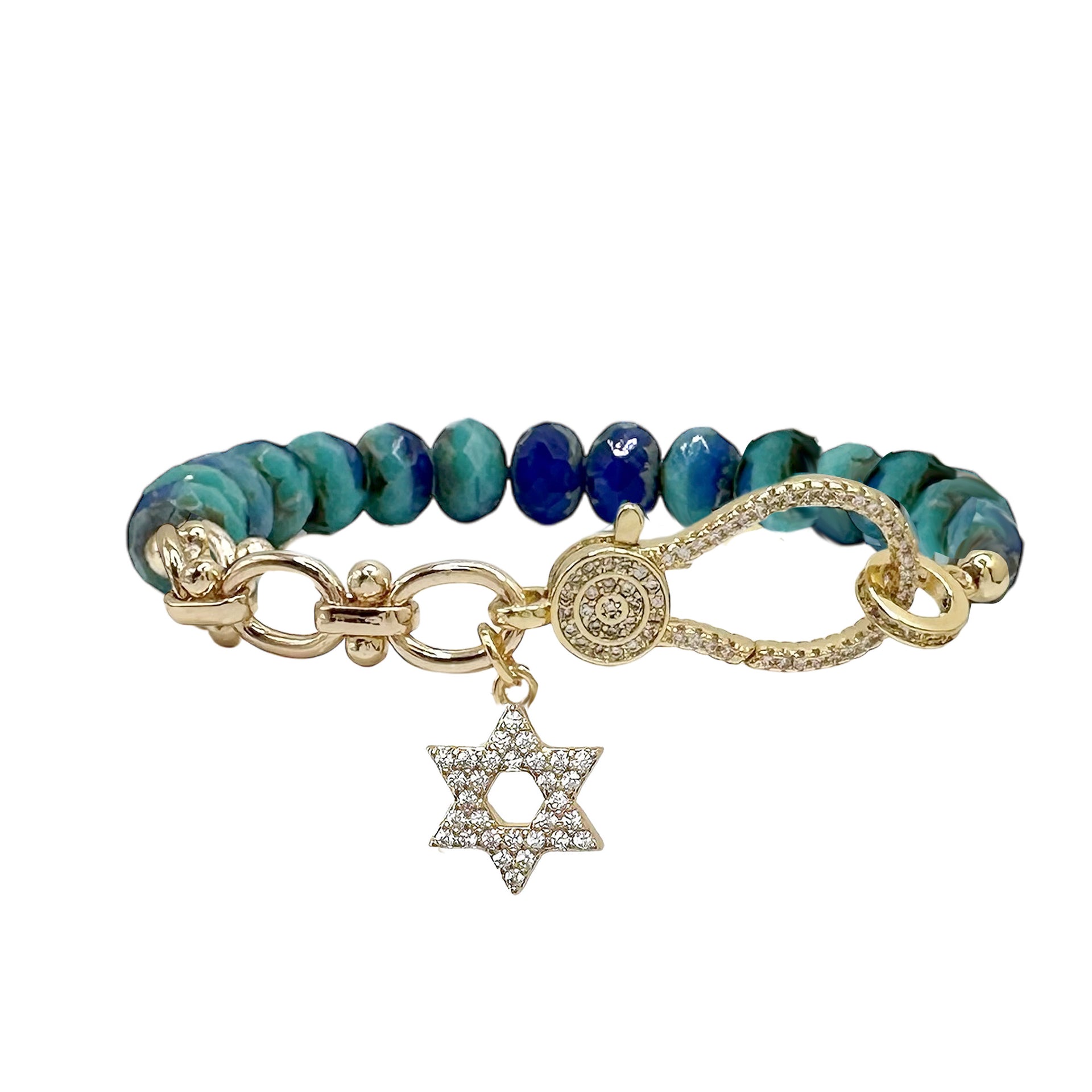teal crystal bracelet with gold star of david charm handcrafted faith jewelry