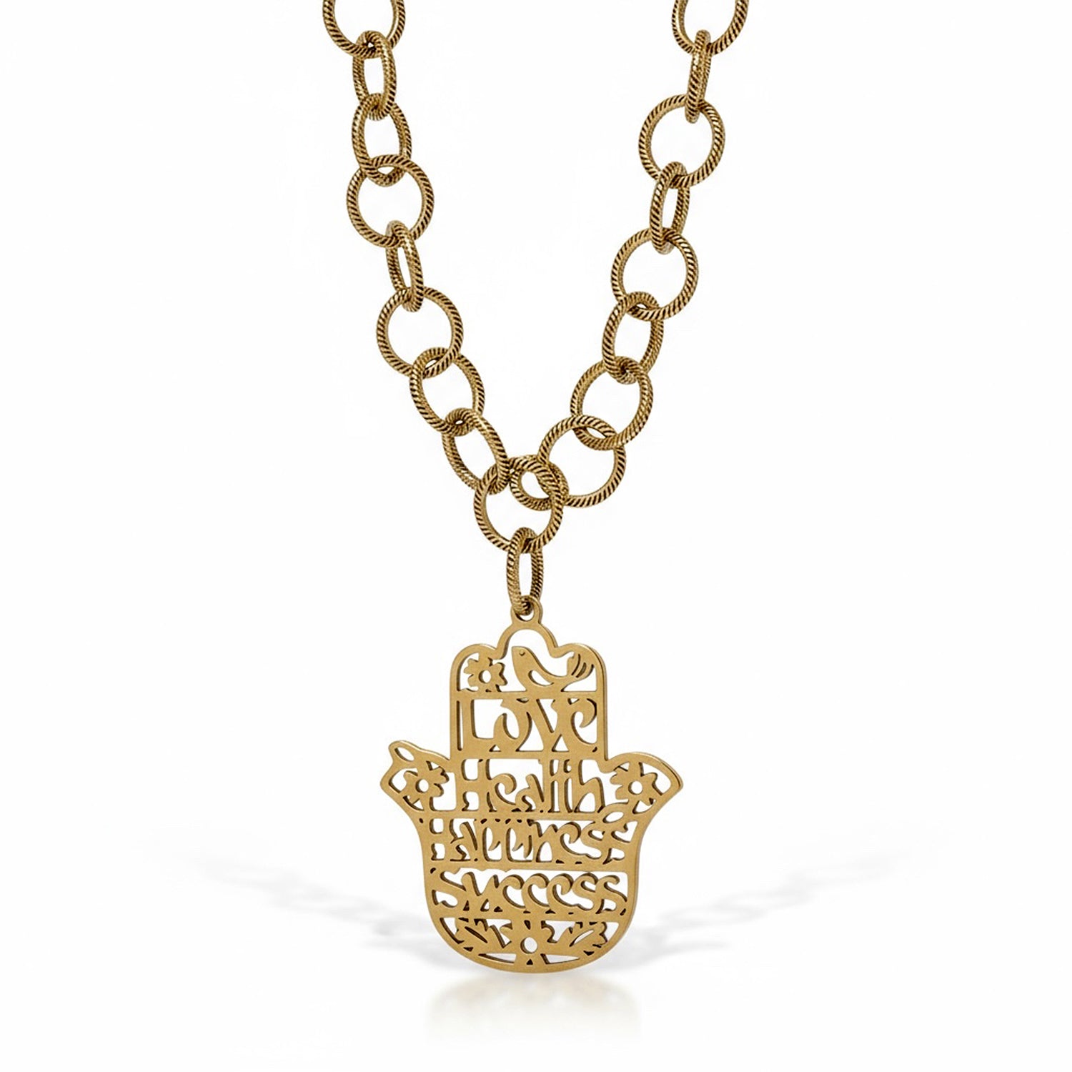 close up of hamsa pendant necklace engraved love health happiness success gold jewelry Love Lisa