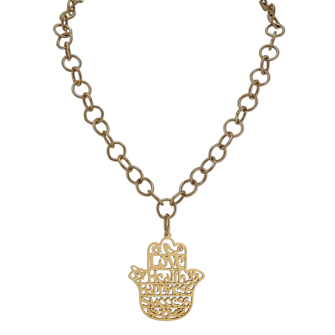 gold hamsa necklace engraved love health happiness success protection jewelry by Love Lisa