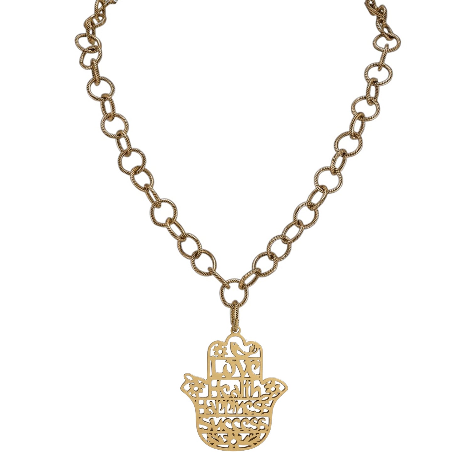 gold hamsa necklace engraved love health happiness success protection jewelry by Love Lisa