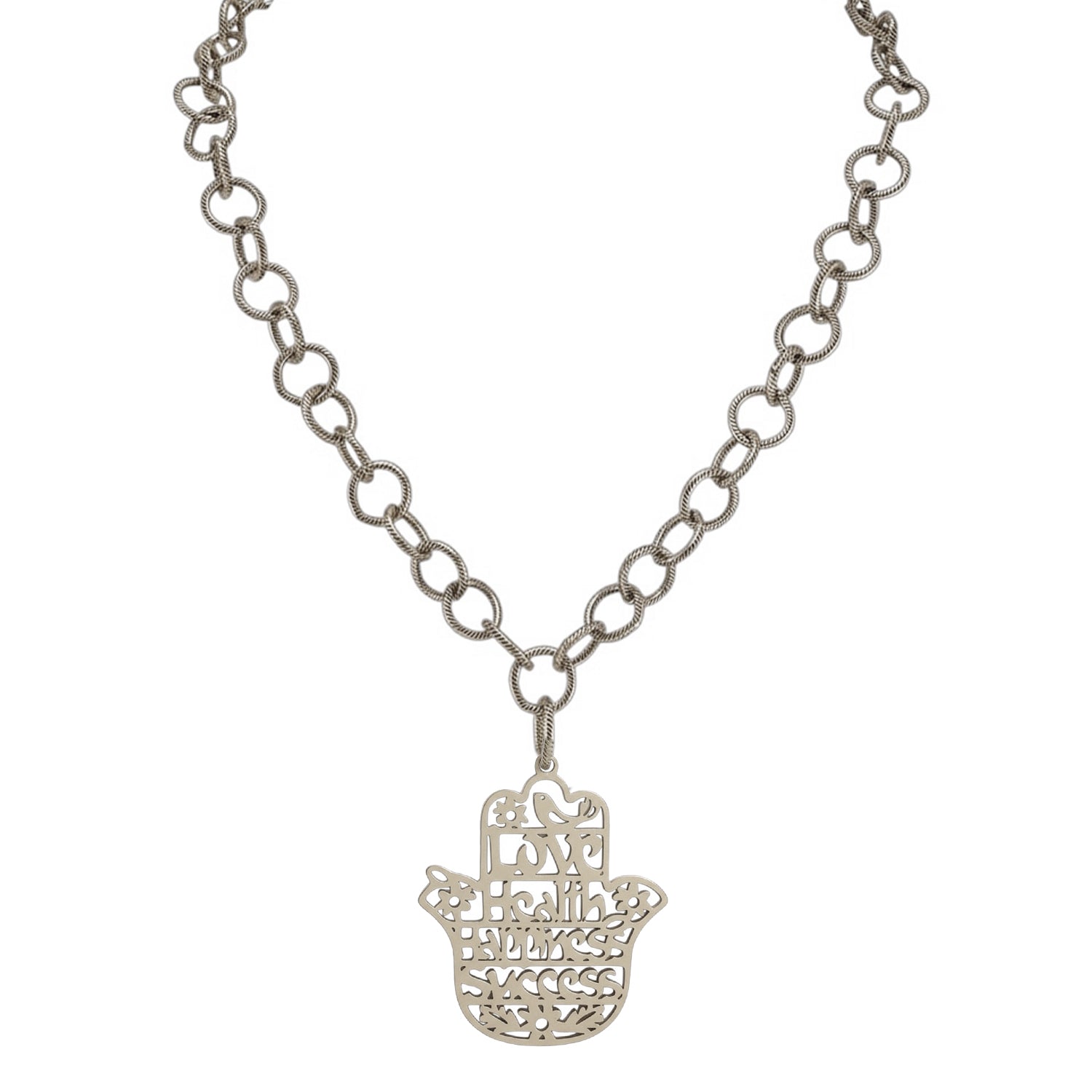 silver hamsa pendant necklace engraved love health happiness success spiritual jewelry by Love Lisa